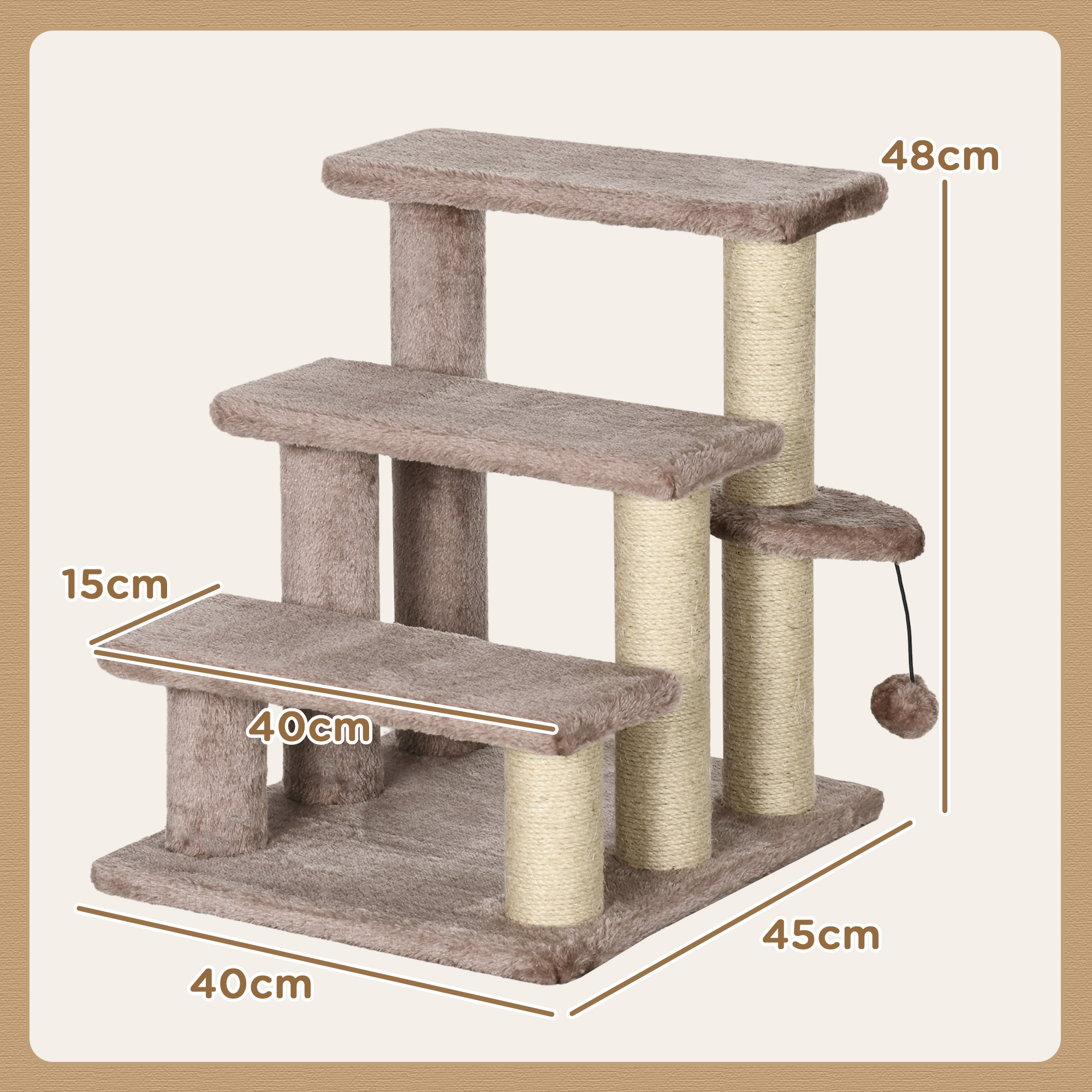 Kratzbaum, Haustiertreppe, 3 Stufen, Spielball, bis 5 kg, 45x40x48cm, Braun