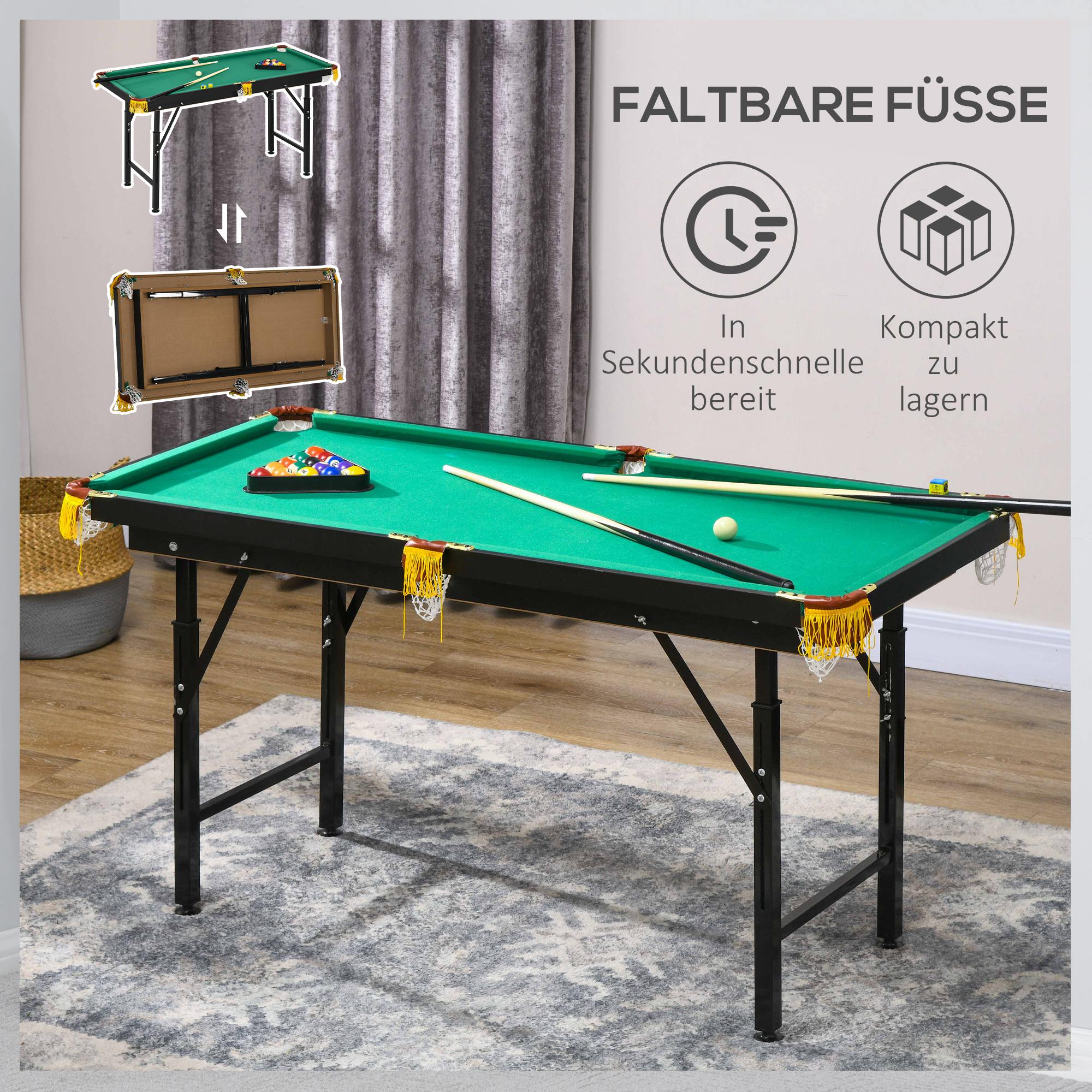 Billardtisch, klappbar, höhenverstellbar, inkl. Dreieck/2 Queues/16 Kugeln, Grün