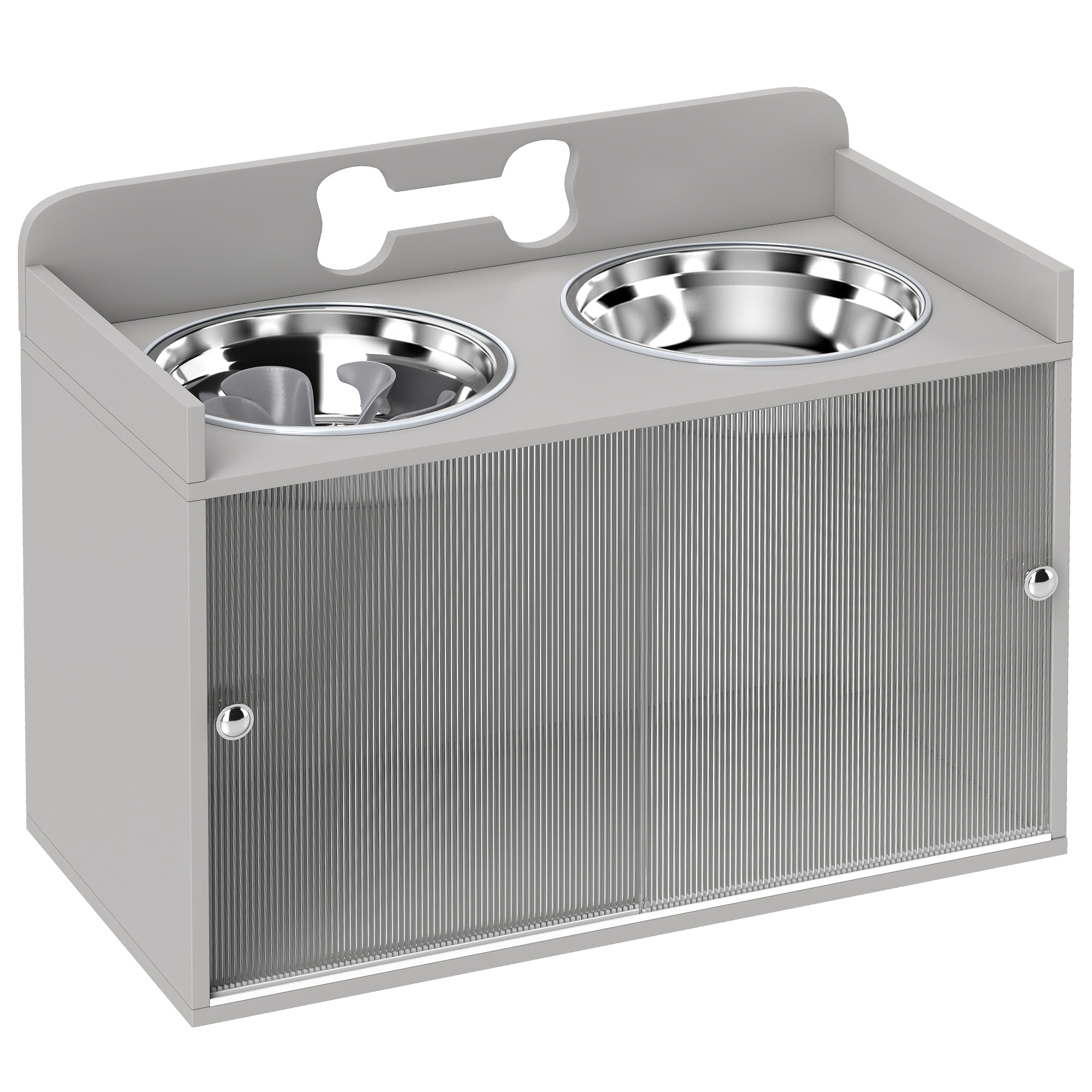 Erhöhte Futterstation mit 2 Näpfen und Schrank, MDF, Edelstahl, Knochenmuster, Grau