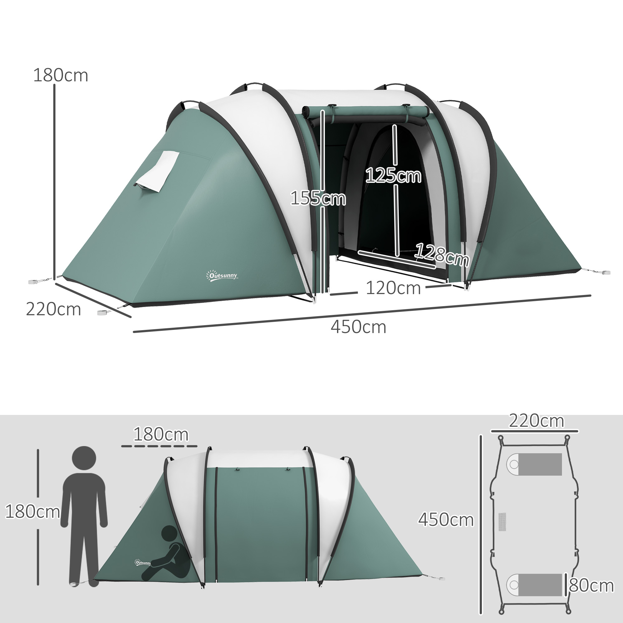 Campingzelt für 4-5 Personen leicht wasserabweisend Familienzelt mit 3 Zimmer Seitentür Fenster Dunkelgrün