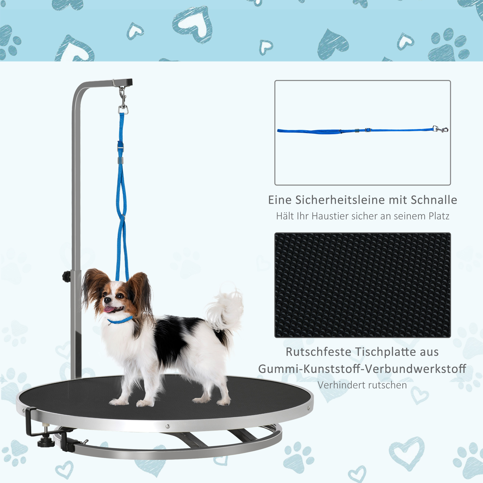 Hund Trimmtisch Tierpflegetisch drehbar trocknen Tabelle mit verstellbaren Arm rutschfeste Tischplatte Verriegelungssystem Aluminium-Legierung Rand Edelstahl Rahmen Sicherheit Leine Ø65x H10