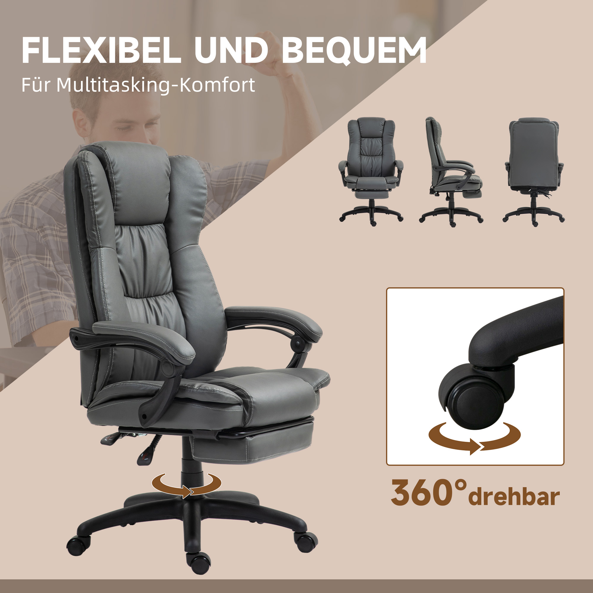 verstellbarer Drehstuhl mit Fußstütze, Kopfstütze, Massagefunktion, Kunstleder, 68,5x68,5x113-121cm, Dunkelgrau