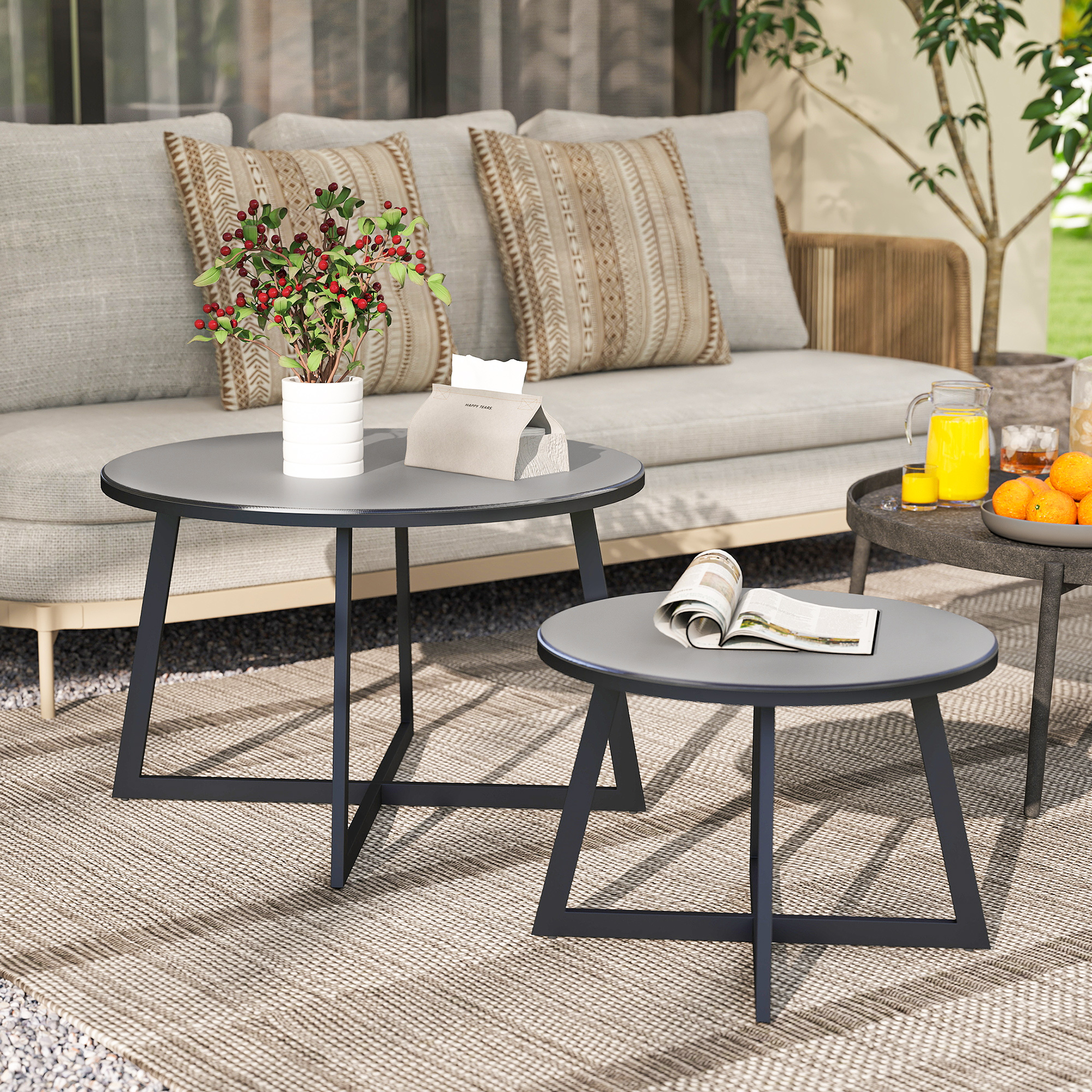 2er Set Beistelltisch Stapelbar Gartentisch Rund wetterfest Balkontisch mit X-Beine Glasplatte Stahl Schwarz+Grau