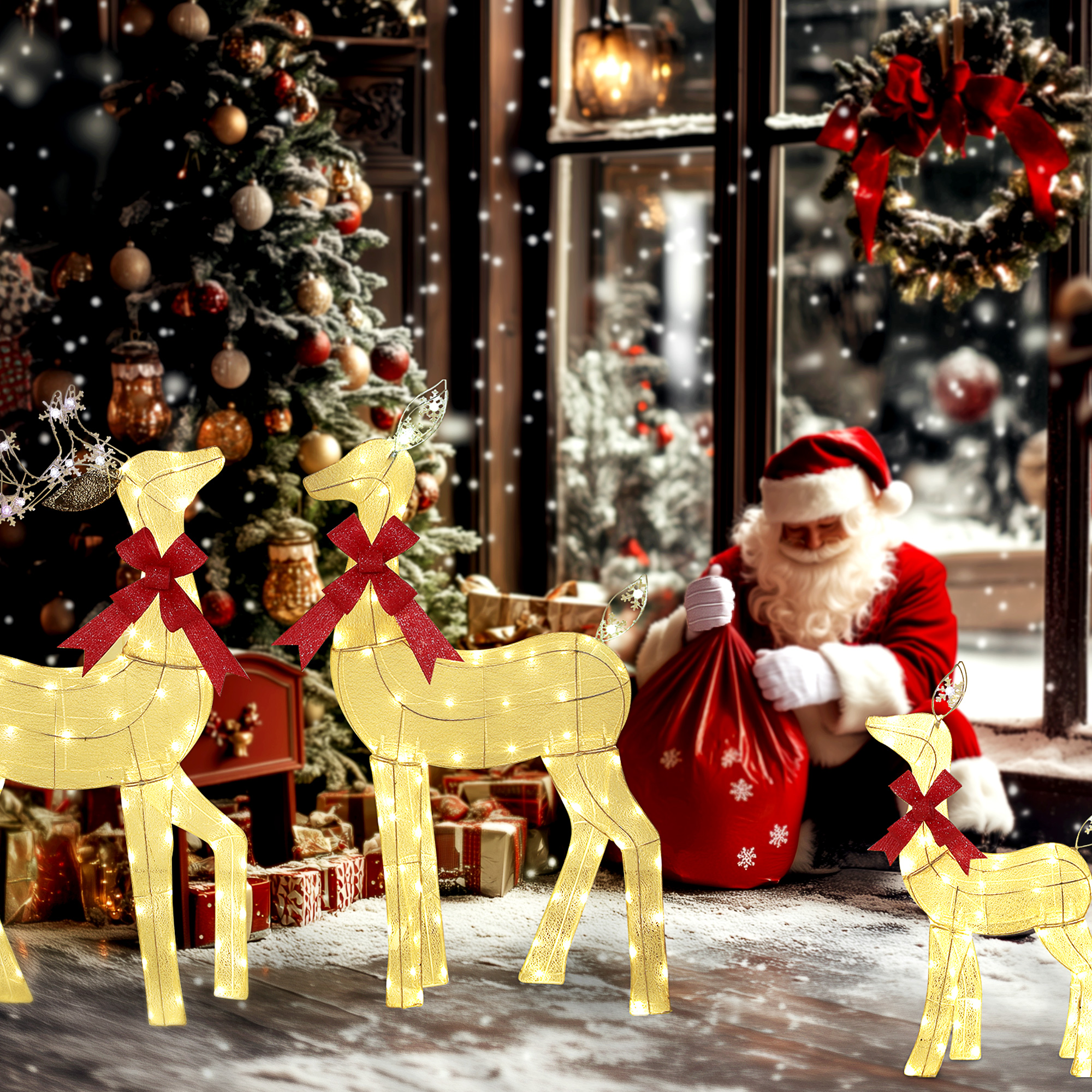 3-teilige Weihnachts-Dekoration, Rentier-Familie mit LED-Beleuchtung, rote Schleife, Stahl, Polyester, wasserfest