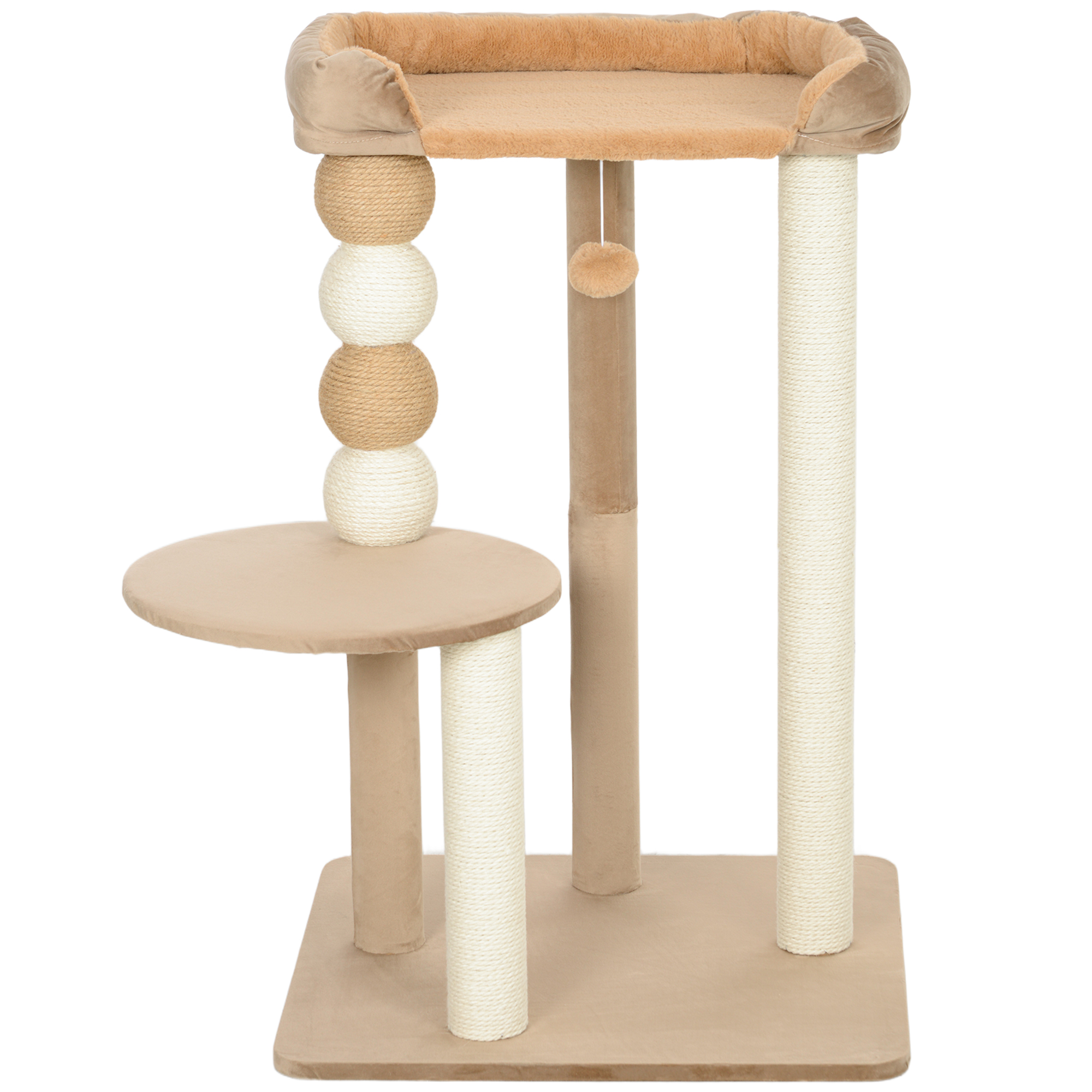 Kratzbaum mit 2 Etagen, Spielball, Kratzstämmen, Kratzkugeln, bis 7 kg, 56 x 54 x 86 cm, Braun