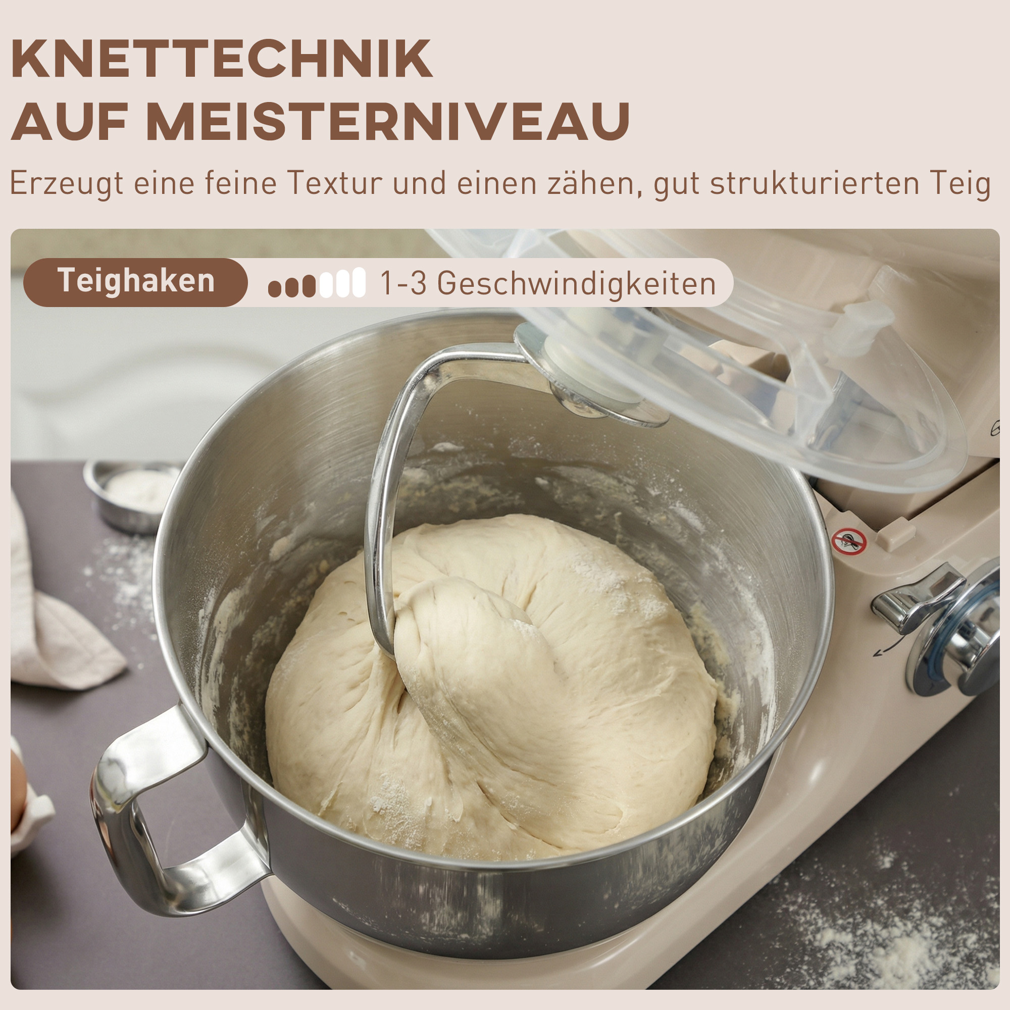Küchenmaschine Knetmaschine mit 4,5L Edelstahlschüssel 1300W Teigmaschine mit 6+P Geschwindigkeit Beige