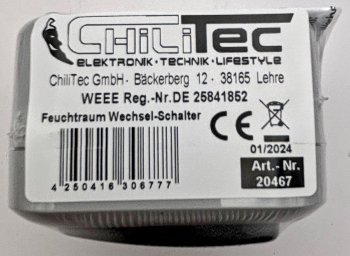Feuchtraum Wechsel-Schalter, IP44 / 250V~/ 10A, inkl. AP-Rahmen, grau