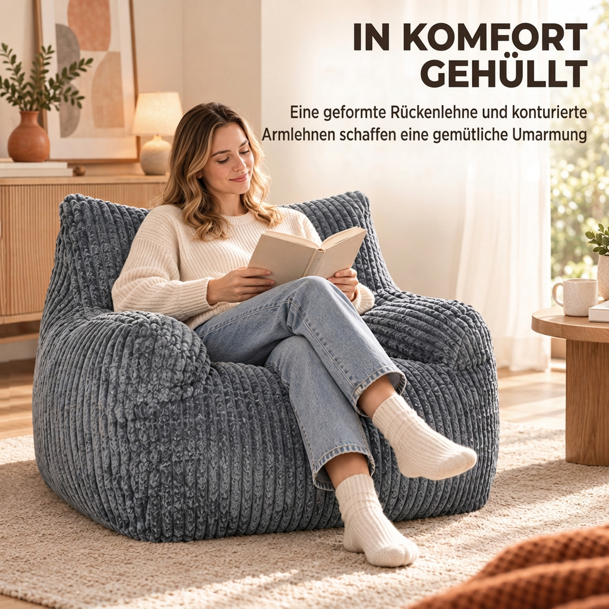 Bodensessel für Erwachsene, große Cloud-Bodenlounge ohne Gestell, mit Rückenstütze und Armlehnen, ohne Montage, Grau