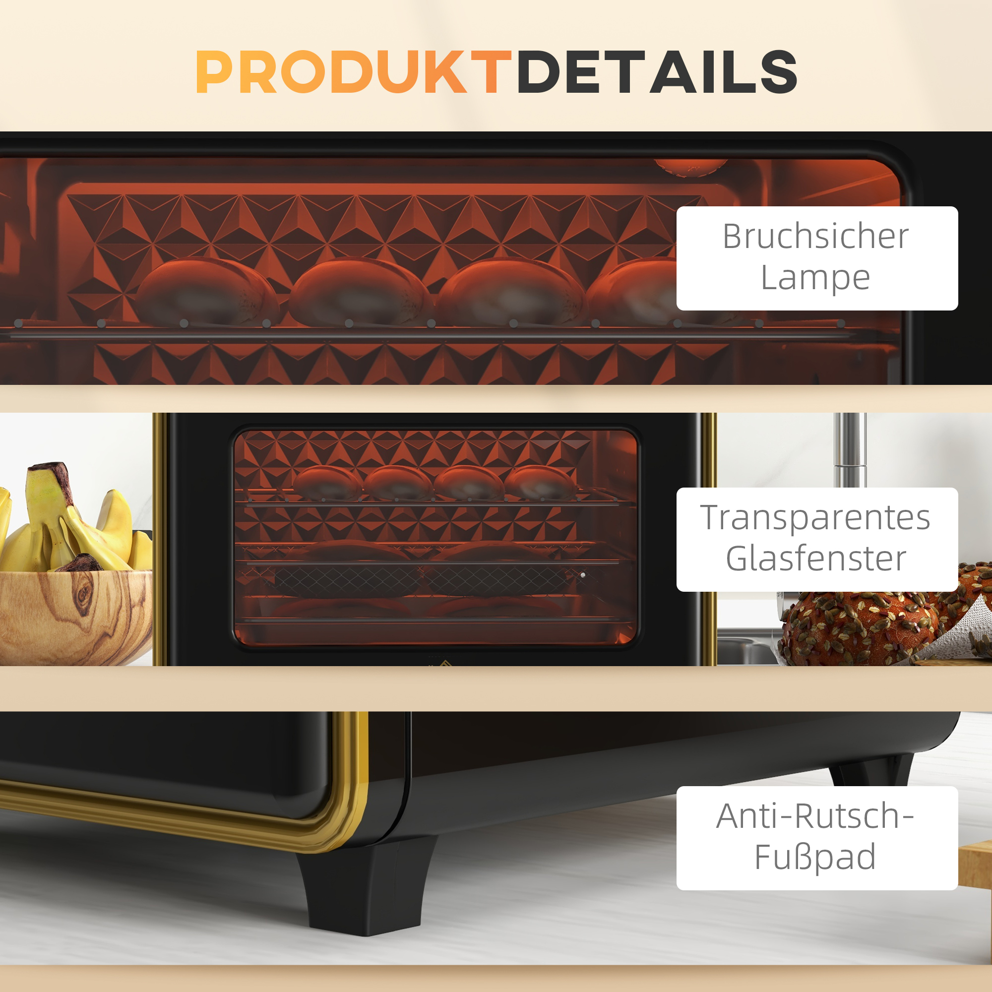 Mini-Backofen, 20 Liter, ölfreies Frittieren, Grillen, Backen, Umluft, 90-230° C, Timer, 1400W, schwarz+gold