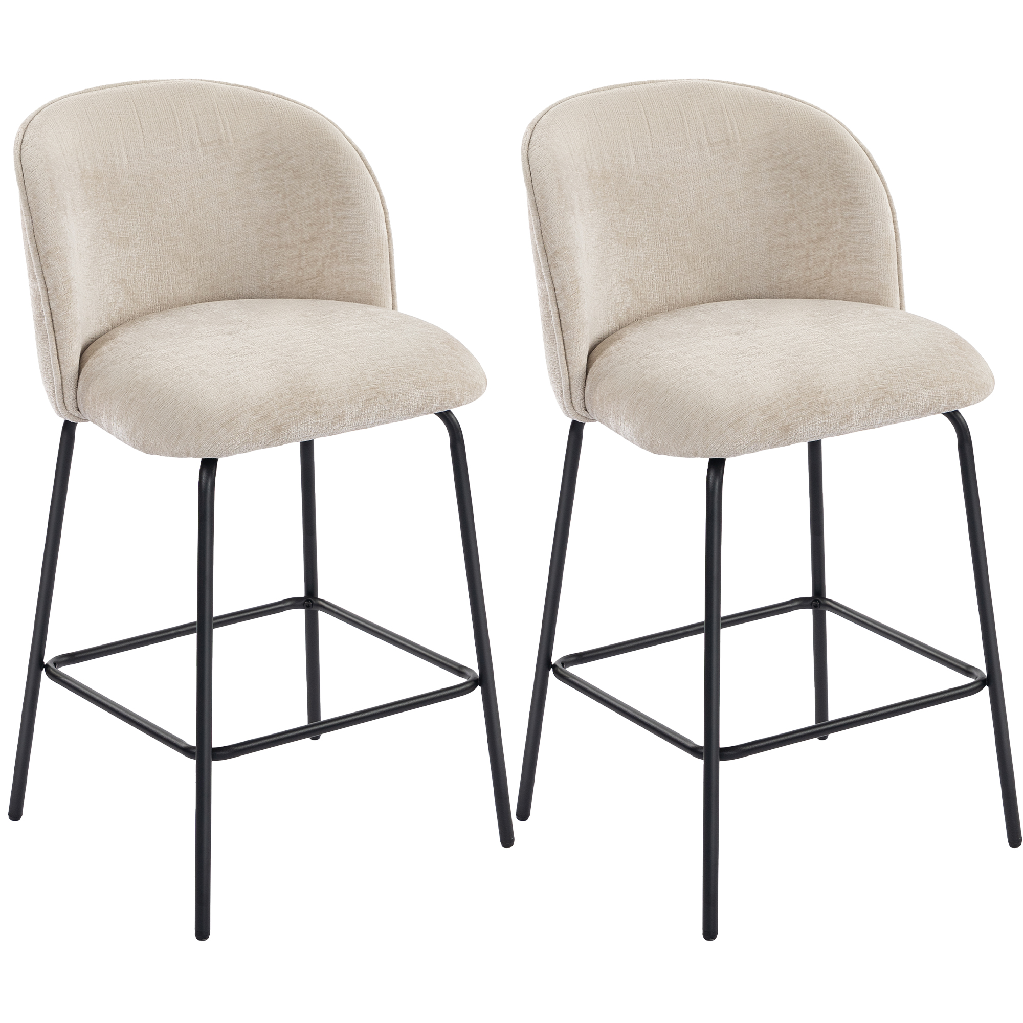 2er-Set Barhocker mit Rückenlehne und Fußstütze, Polsterstühle mit Stahlbeinen für Kücheninsel, Esszimmer, Beige 2er-Set Barhocker mit Rückenlehne und Fußstütze, Polsterstühle mit Stahlbeinen für Kücheninsel, Esszimmer, Beige
