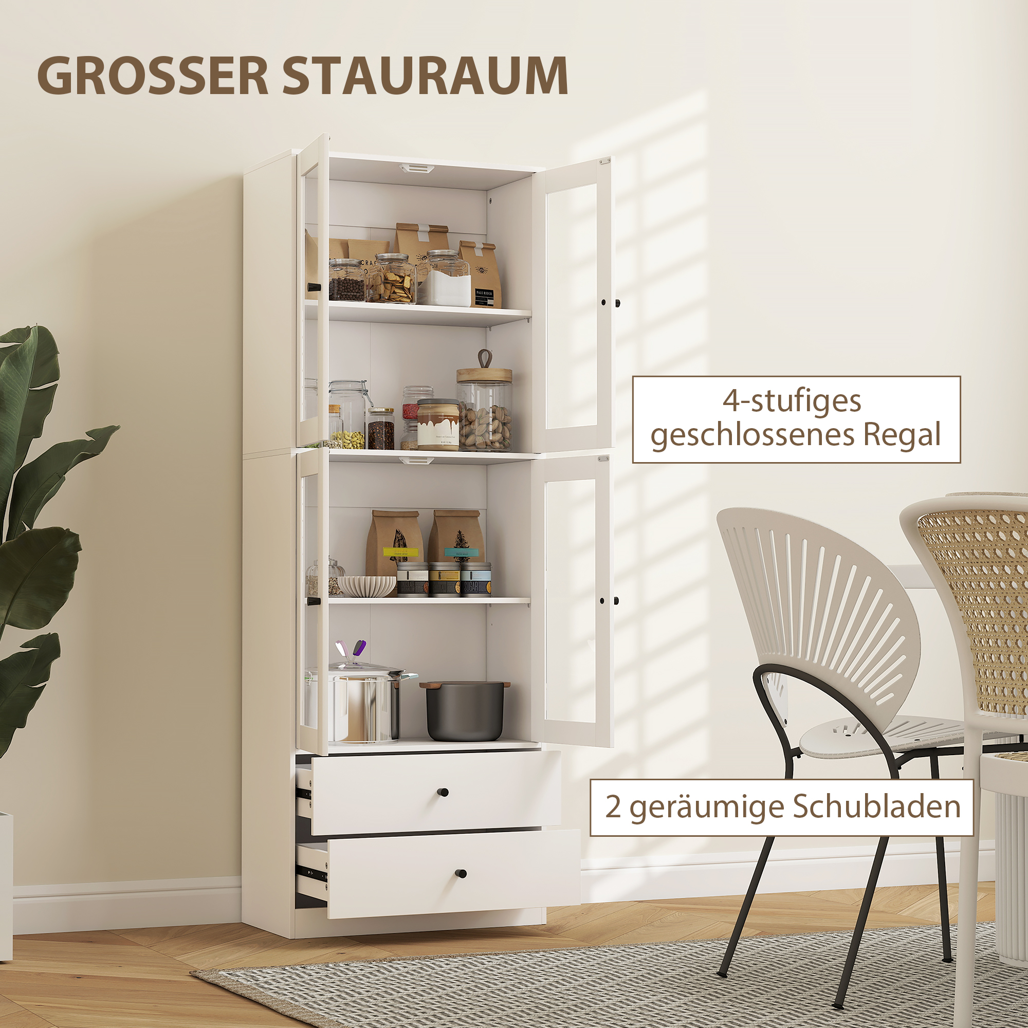 Küchenschrank mit Schubladen und Glastüren, Melamin-Oberfläche, Weiß