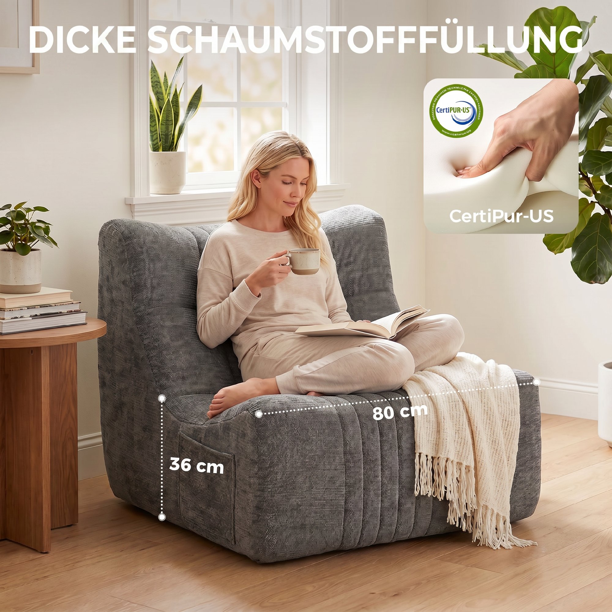 Bodensessel mit Rückenlehne, rahmenloser Gaming-Sessel für Erwachsene mit Seitentaschen, für Wohnzimmer und Schlafzimmer