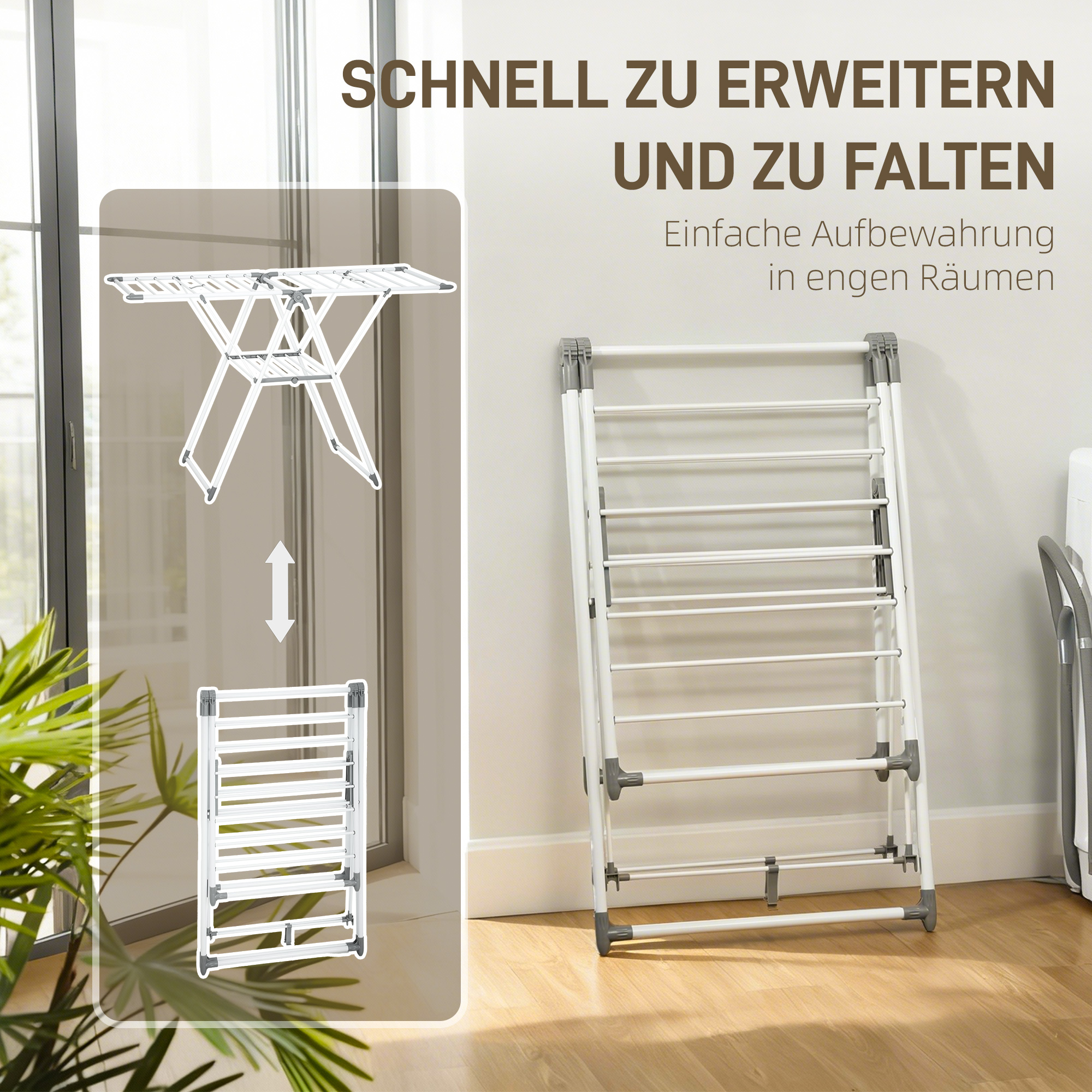 Wäscheständer 1,565 m Trockenlänge Faltbarer Standtrockner mit 2 Ebenen, verstellbare Flügel, Flügelwäscheständer, Weiß
