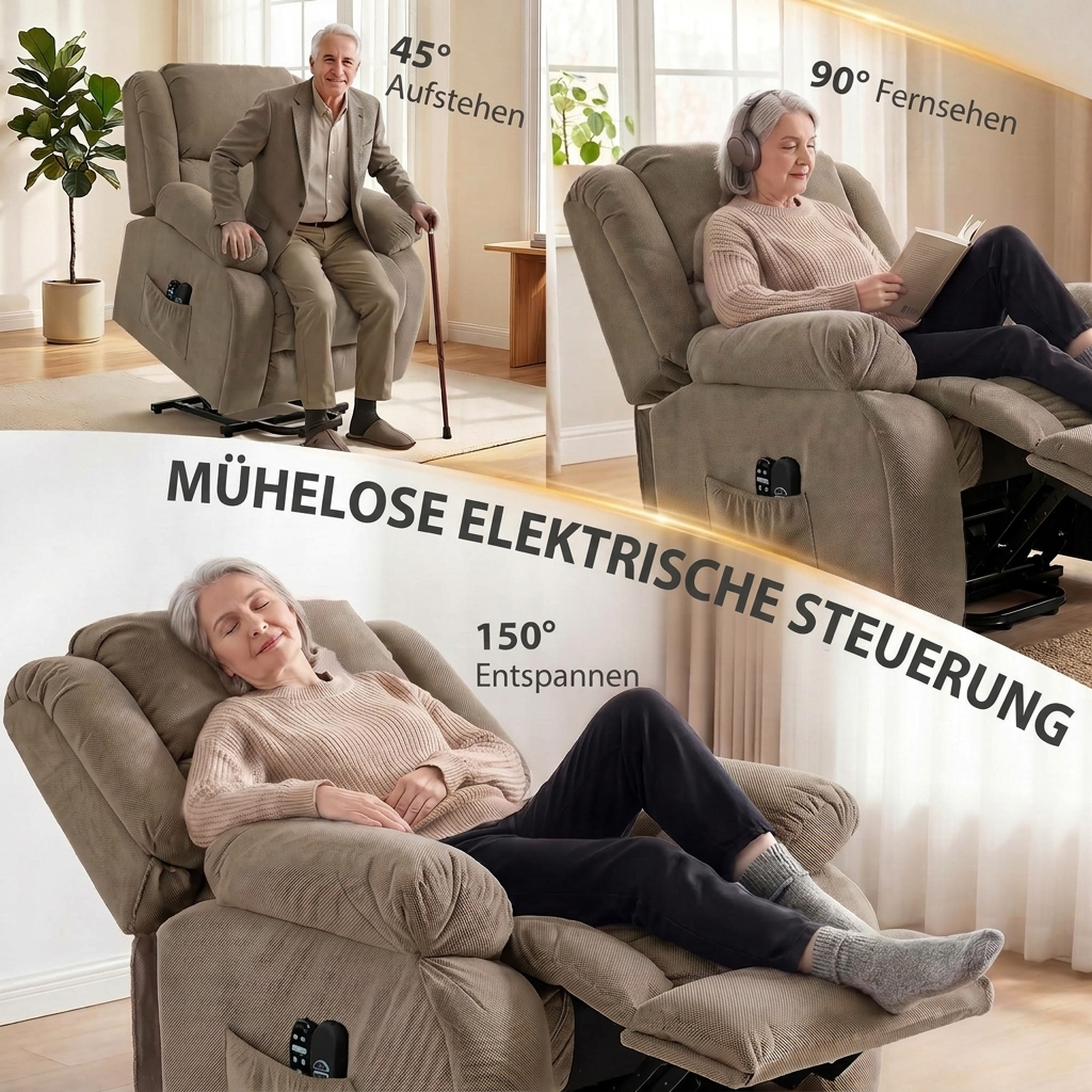 Fernsehsessel mit Massage- und Wärmefunktion, Elektrischer Aufsteh-Sessel, Fernbedienung, Seitentaschen, Hellbraun