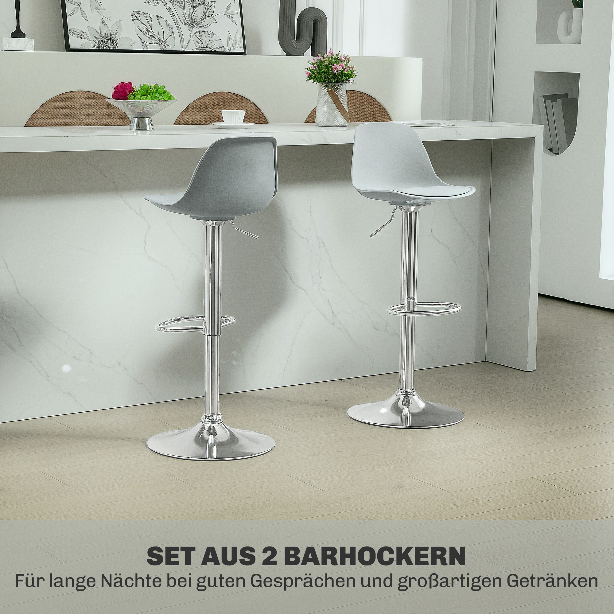 2er-Set Barhocker, Barstühle, Drehstühle mit Lehne, höhenverstellbar, bis 120 kg belastbar, 42 x 38 x 82-104 cm, Grau