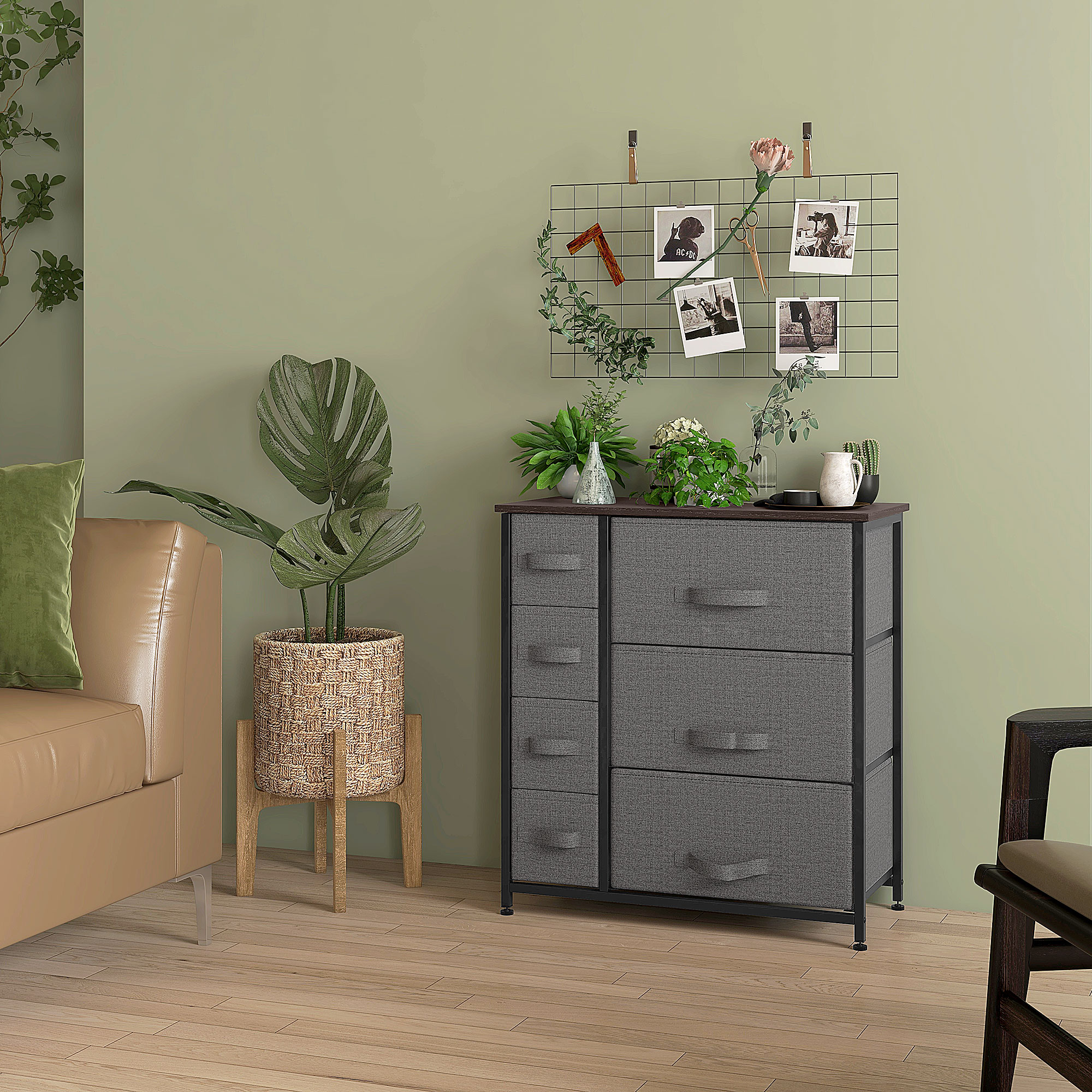 Kommode mit 7 faltbaren Stoffschubladen, Vlies, Metallgestell, 63,5 x 30 x 71 cm, Dunkelgrau