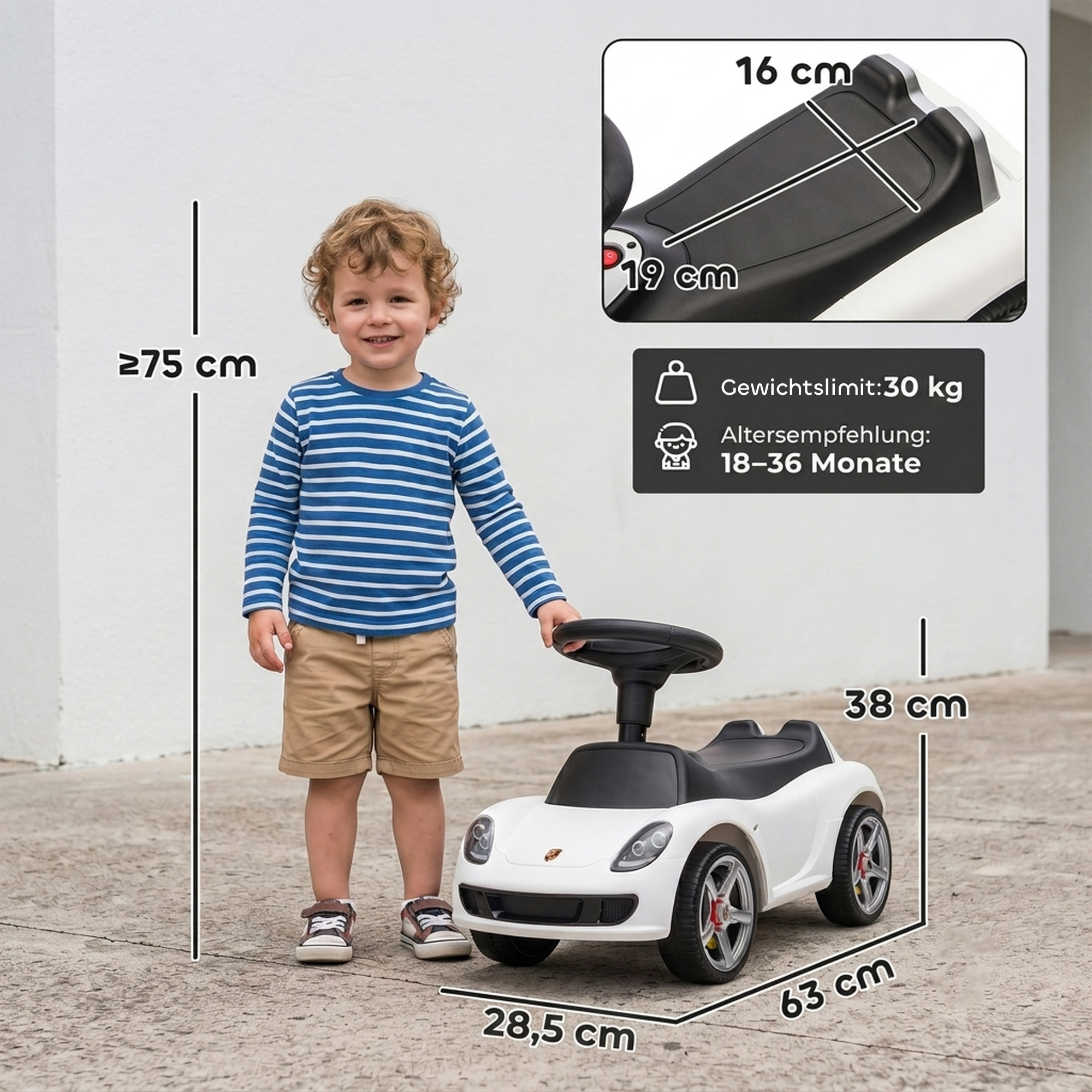 Rutschauto Kinder Porsche Rutschfahrzeug mit Hupe Licht Motorgeräuschen, für 18–36 Monate, Weiß