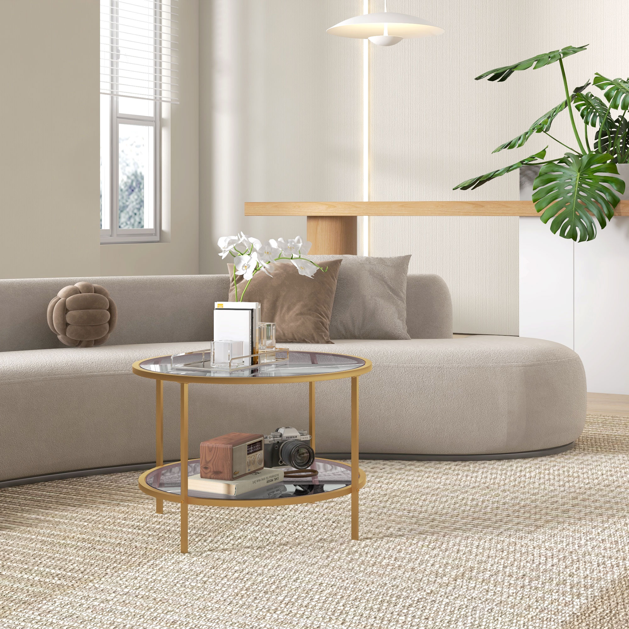 Beistelltisch, modernes Design, 2 Etagen, Ø60x43H cm, Goldton