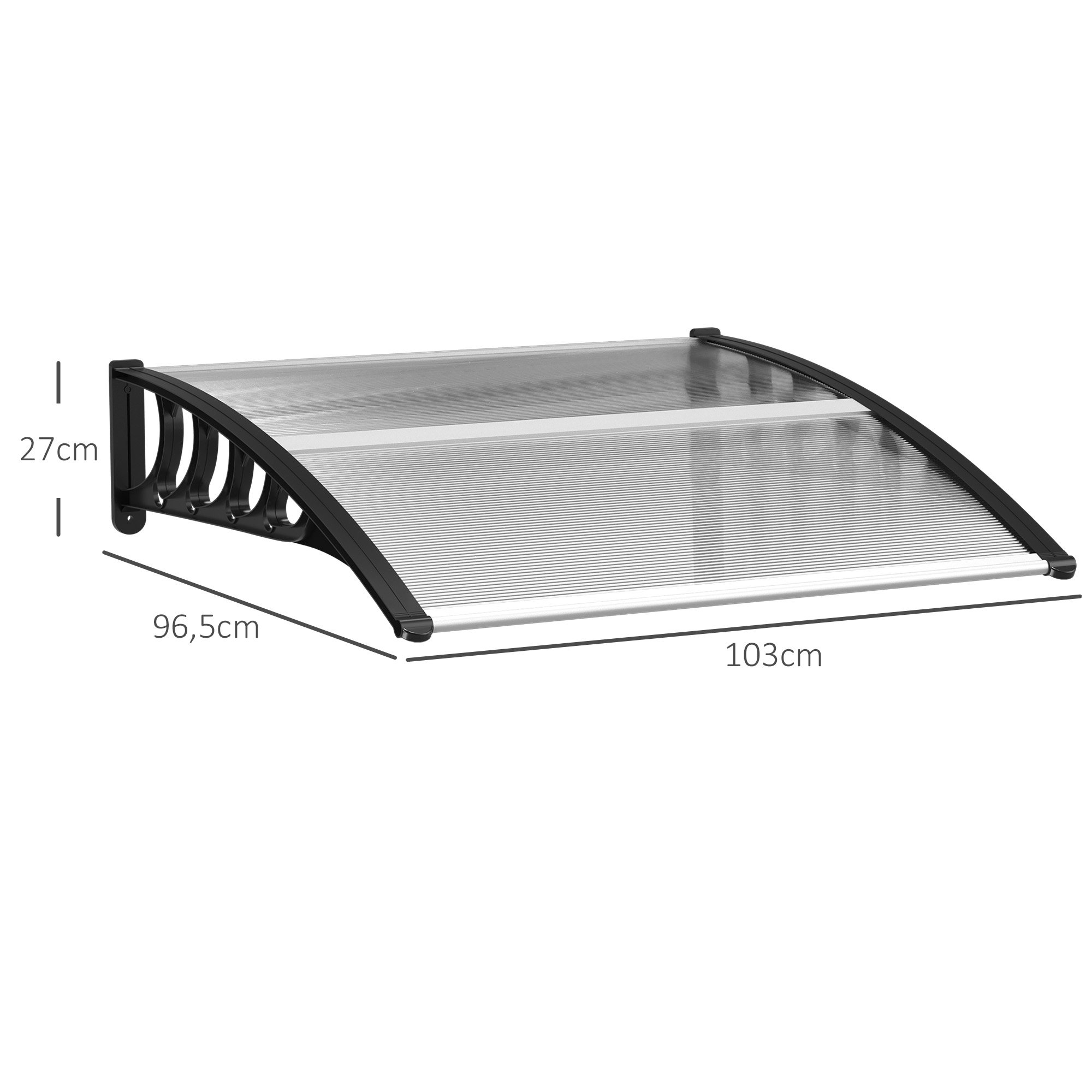 Vordach für Haustür/Fenster, wetterfest, transparent, Aluminium-Verbindungstangen/Polycarbonat, 103x96,5x27cm, Schwarz
