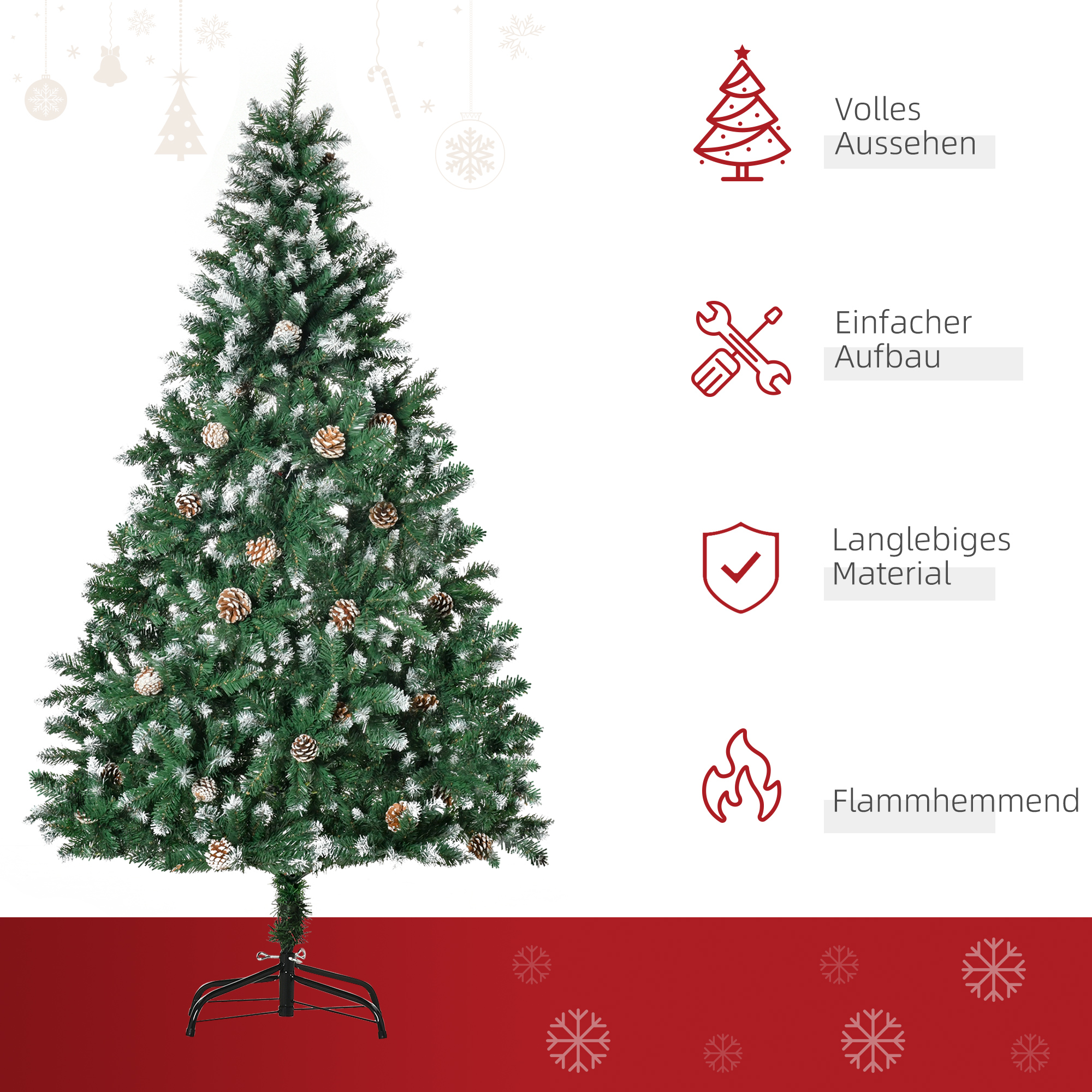 künstlicher Weihnachtsbaum 180 cm Kieferbaum künstlich mit 59 Zapfen, Schnee, 1111 Spitzen für drinnen