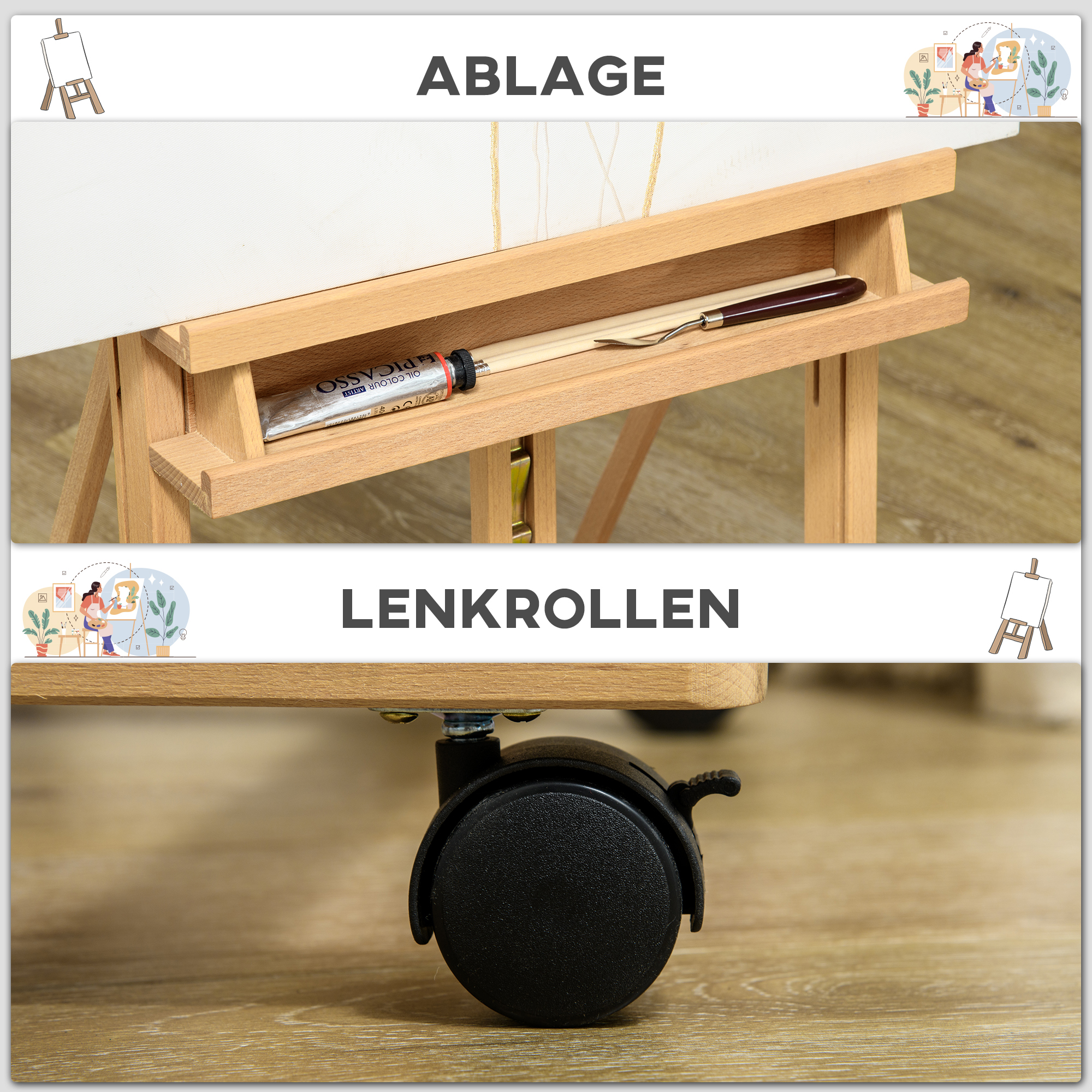 Staffelei, Künstlerstaffelei, Höhenverstellbar, 4 Rollen, Natur + Schwarz