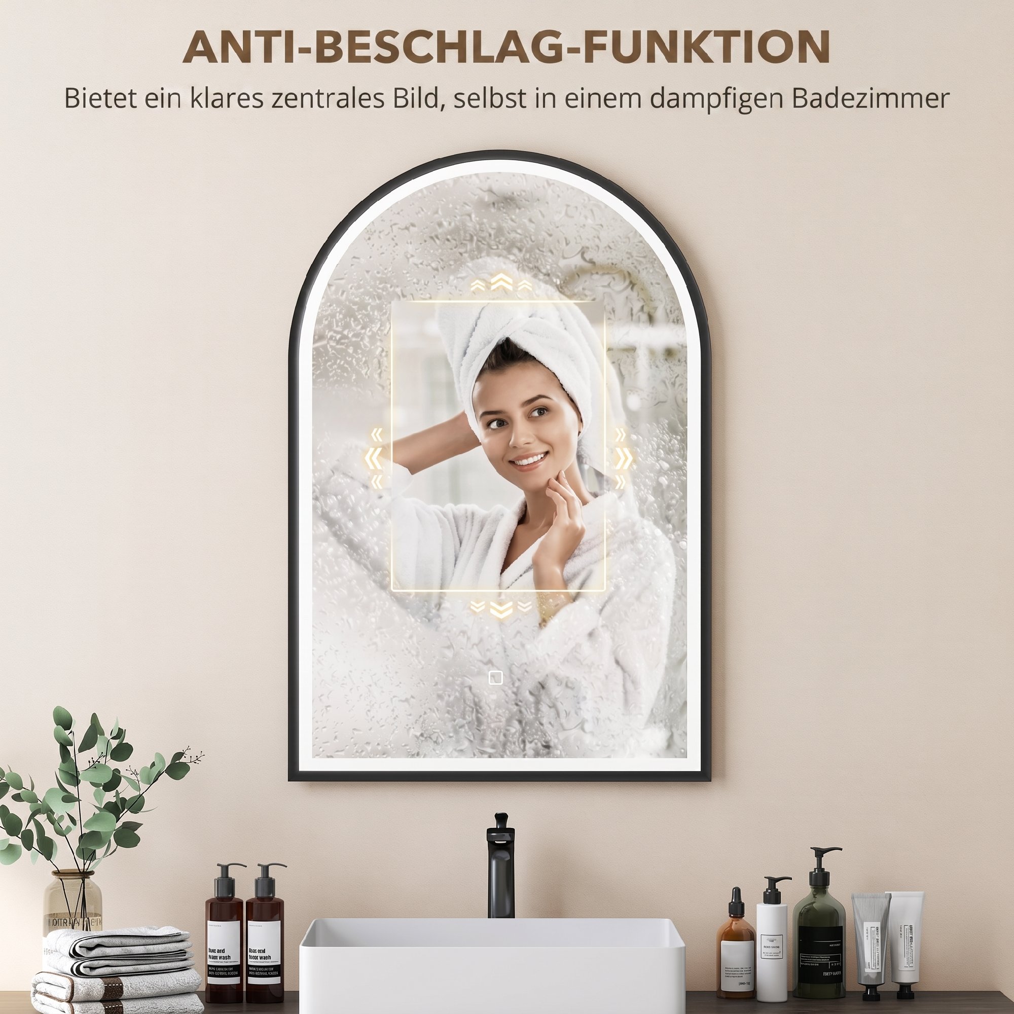 LED Badezimmerspiegel 60 x 90 cm mit Beleuchtung, Front- & Rückbeleuchtung, Memory-Funktion, Touch-Schalter, Schwarz