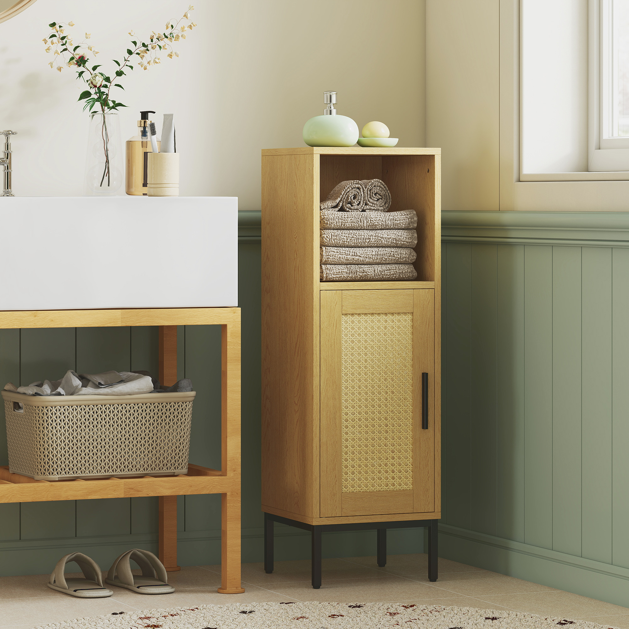Badezimmerschrank, schmaler Badschrank freistehend mit verstellbarem Einlegeboden, Natur