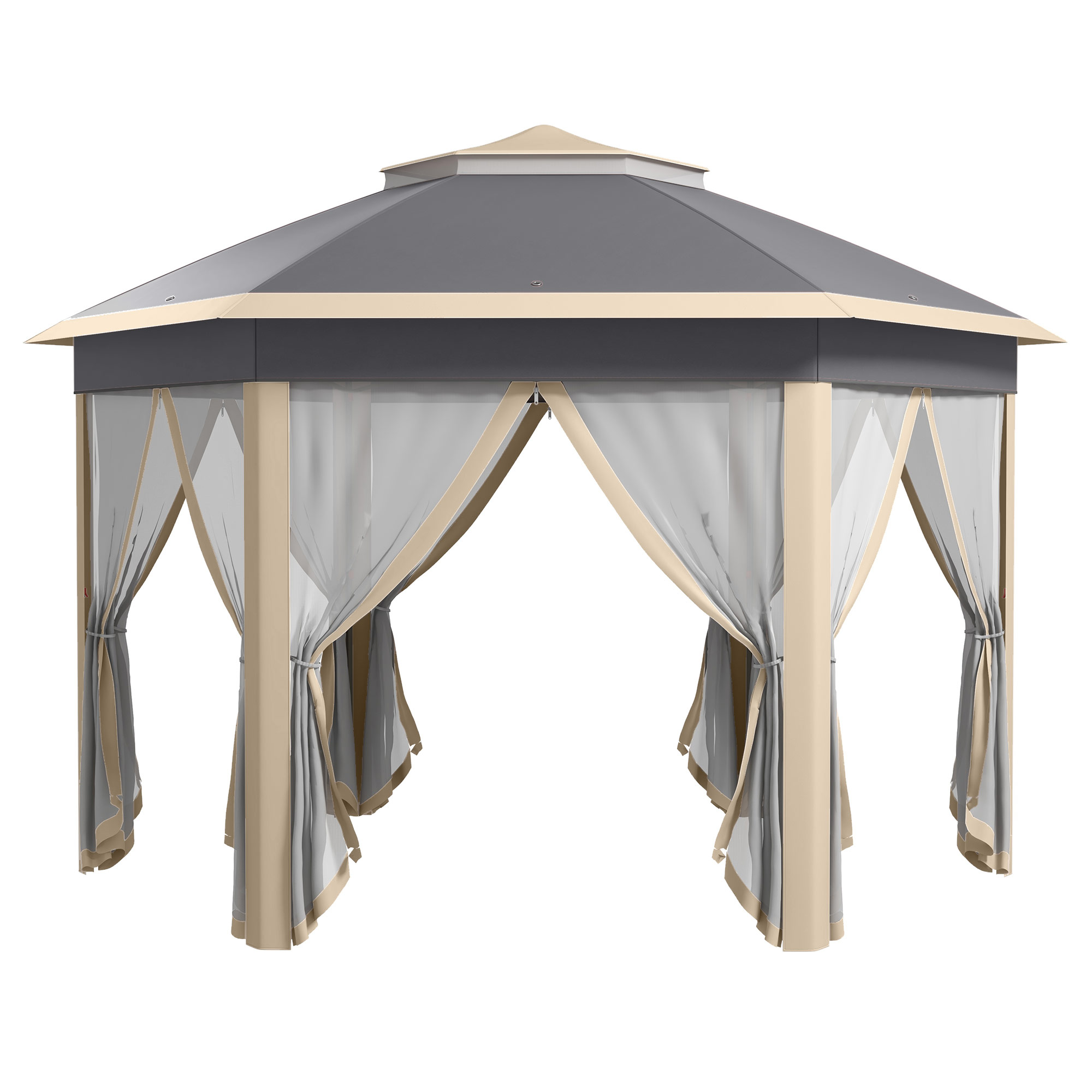 Gartenpavillon Faltpavillon 4 x 4 m Pop-Up-Zelt Partyzelt inkl. Tragetasche 6 Seitenteile Doppeldach sechseckig Khaki