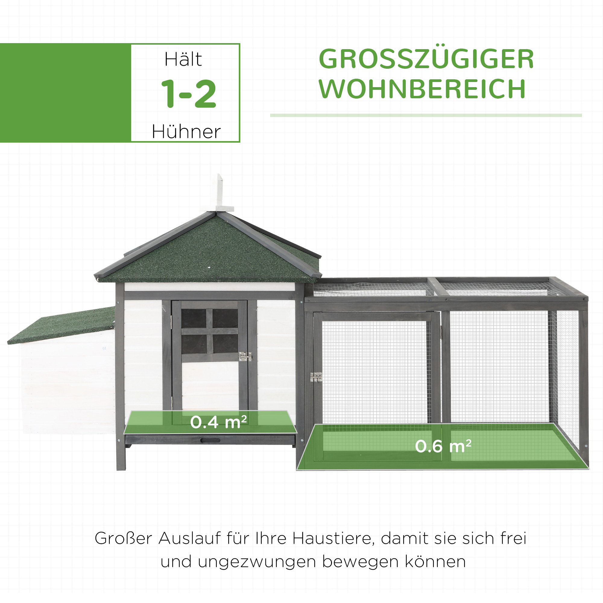 Hühnerstall für Zwerghühner 196 x 76 x 97 cm witterungsbeständig Hühnerhaus mit Nistkasten, Freilaufgehege Sitzstange, Kleintierstall aus Holz für 1-2 Hühner, Grau