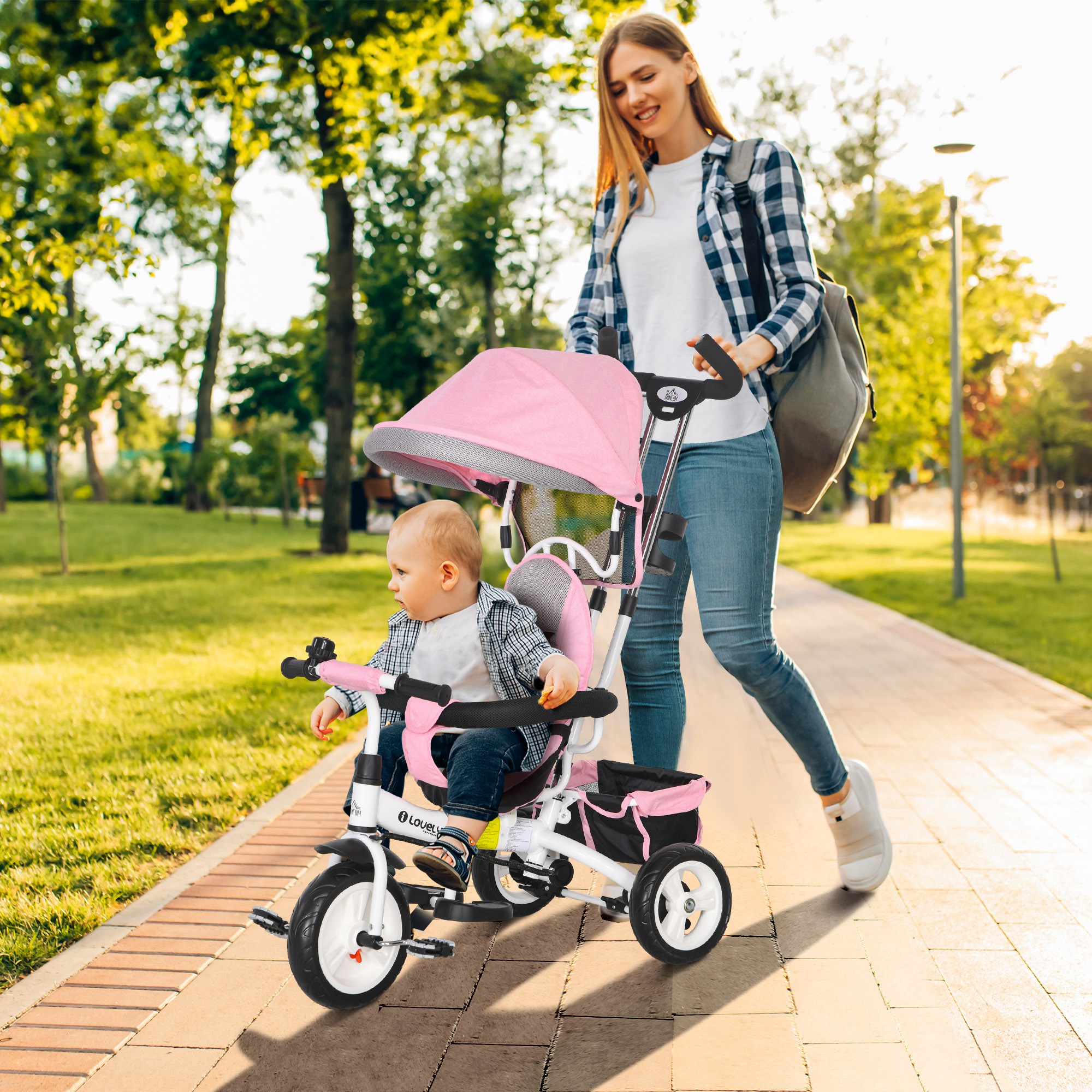 6-in-1 Kinderdreirad mit Schiebestange, Dach, Gurt, Ablagekorb, für 1-5 Jahre, Rosa