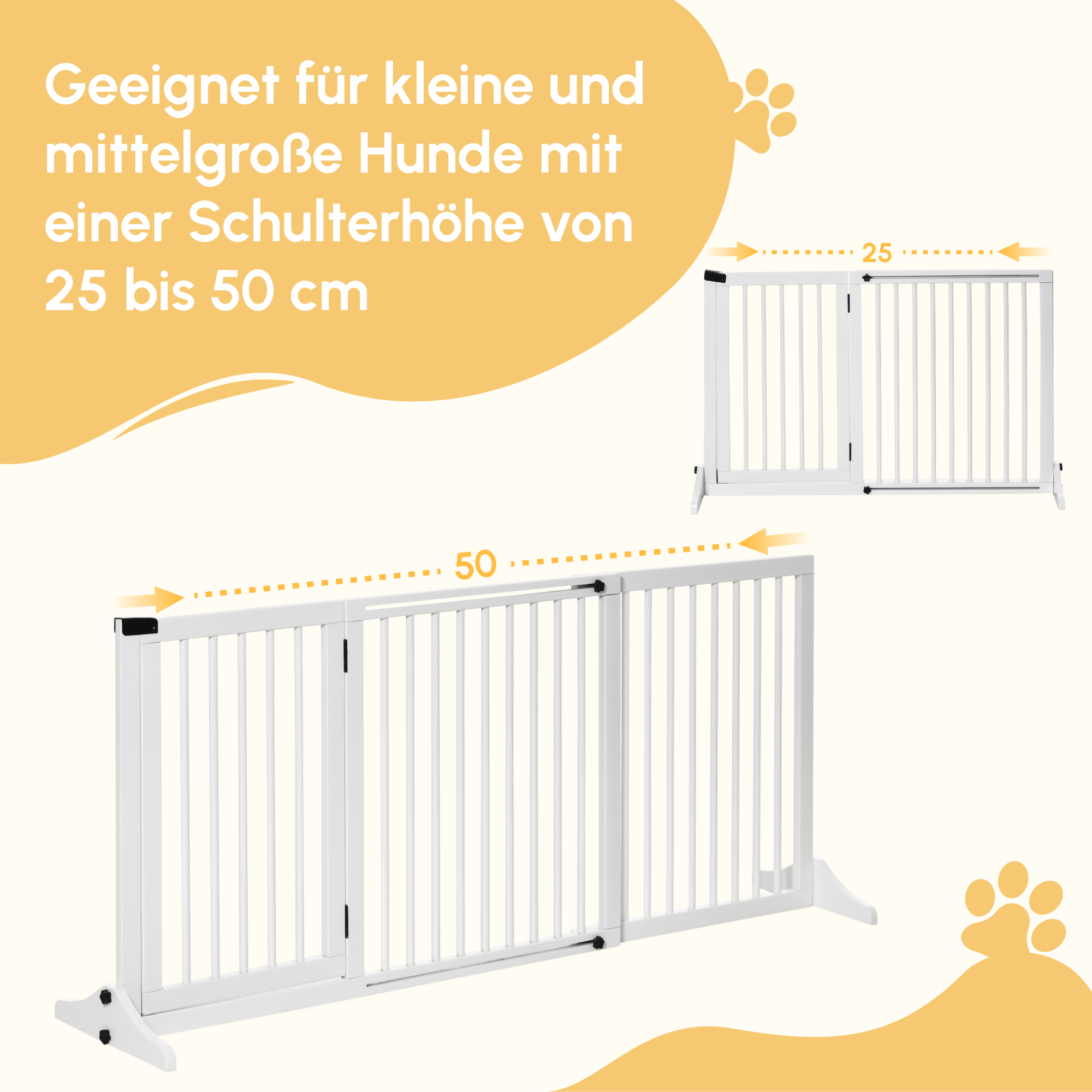 Absperrgitter Hunde Türschutzgitter Schutzgitter aus Holz Freistehendes Hundegitter mit Tür Hundeabsperrgitter Konfigurationsgitter für Kamin & Ofen Weiß 113-166 x 36 x 71 cm