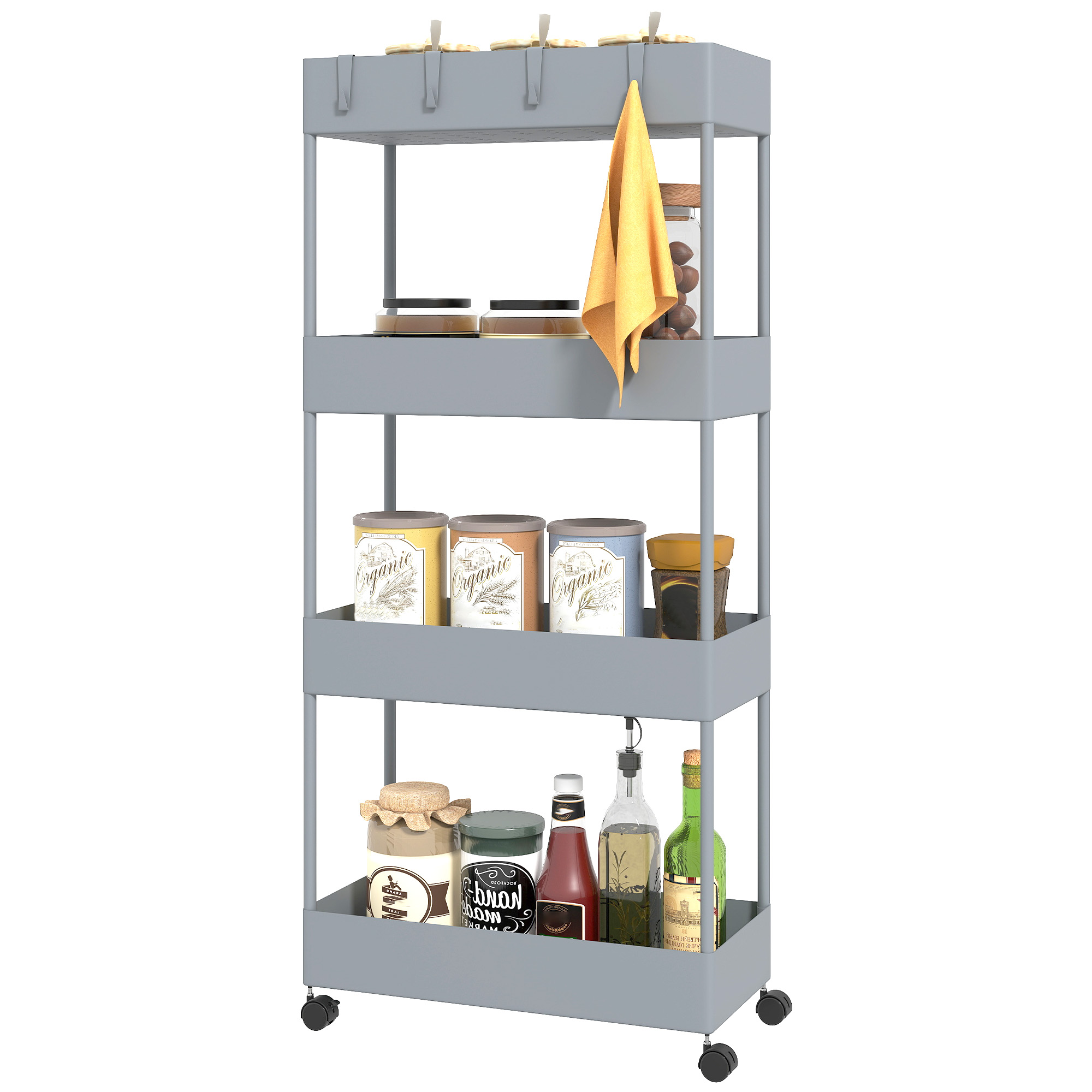 Küchenwagen mit 4 Regalen, 4 flexiblen Haken, 4 Rollen, 40 cm x 19 cm x 90 cm, Nischenwagen, Grau Küchenwagen mit 4 Regalen, 4 flexiblen Haken, 4 Rollen, 40 cm x 19 cm x 90 cm, Nischenwagen, Grau