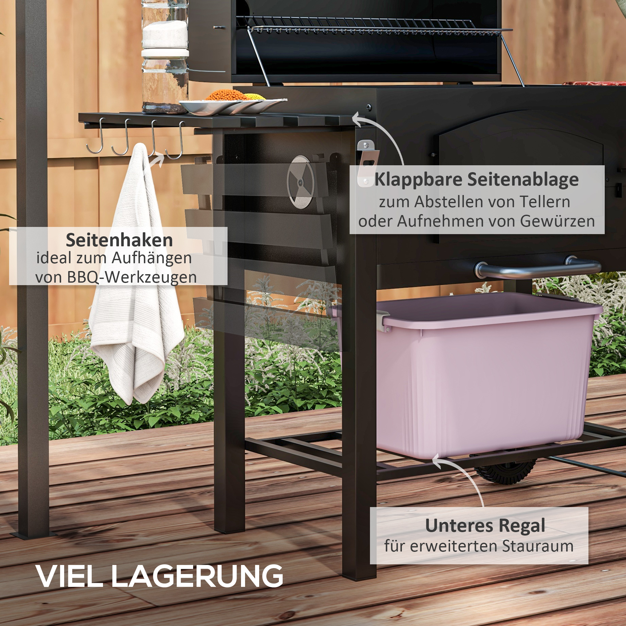 Holzkohlegrill BBQ-Grill Smoker, verstellbares Kohlefach, Seitenablagen, 124 x 66 x 112 cm, Schwarz
