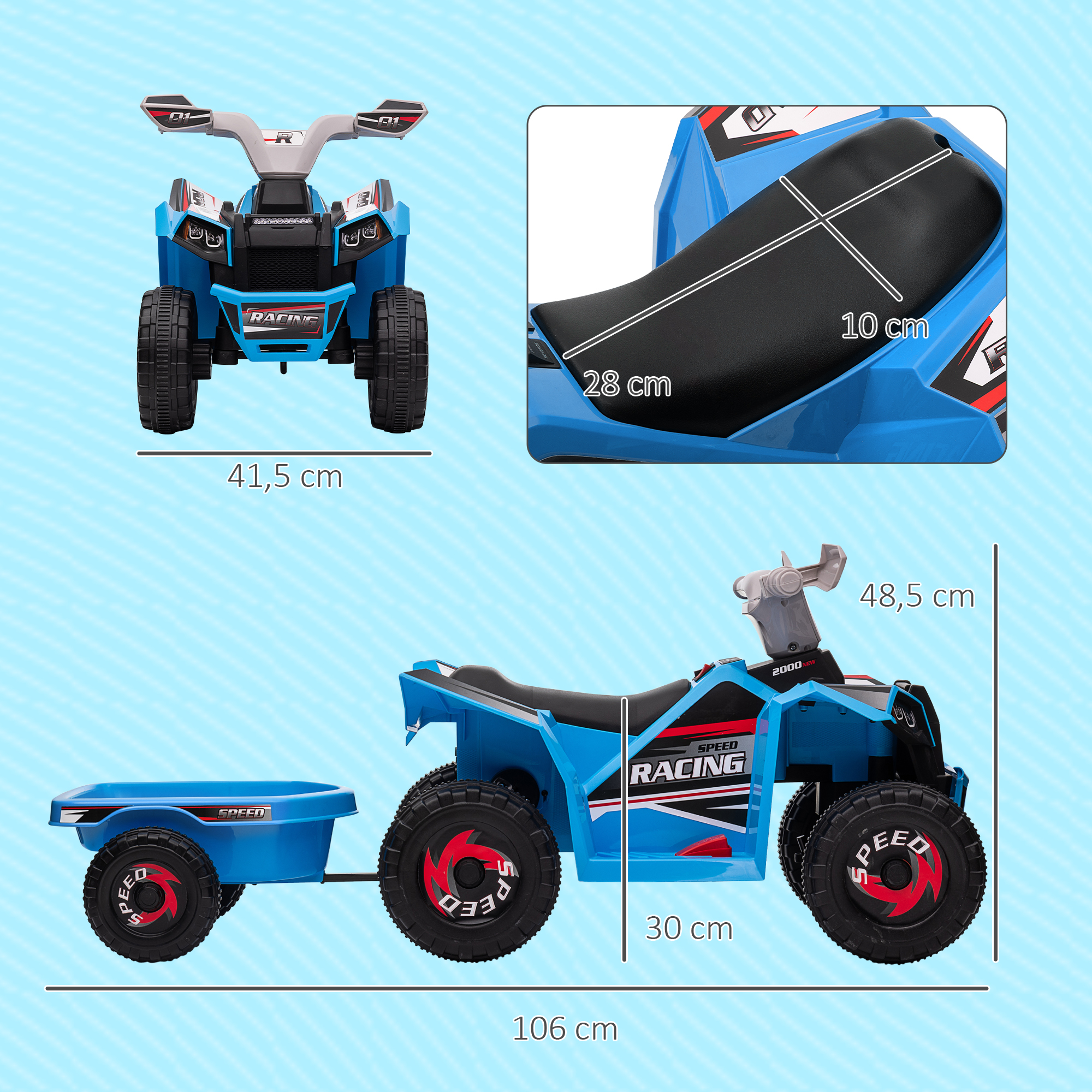 Kinderquad, aufladbar, 2,5 km/h, mit Anhänger, 50 Min. Fahrzeit, für Kinder 1,5 bis 3 Jahre, Blau