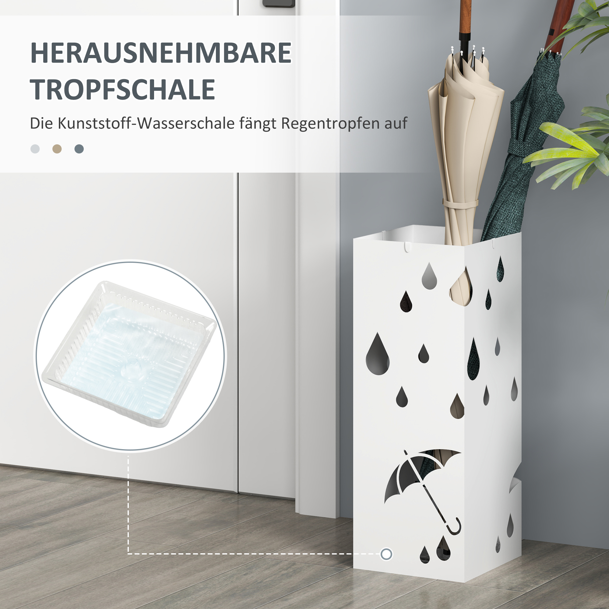 Schirmständer, 4 Haken, Tropfschale, Stahl, Weiß