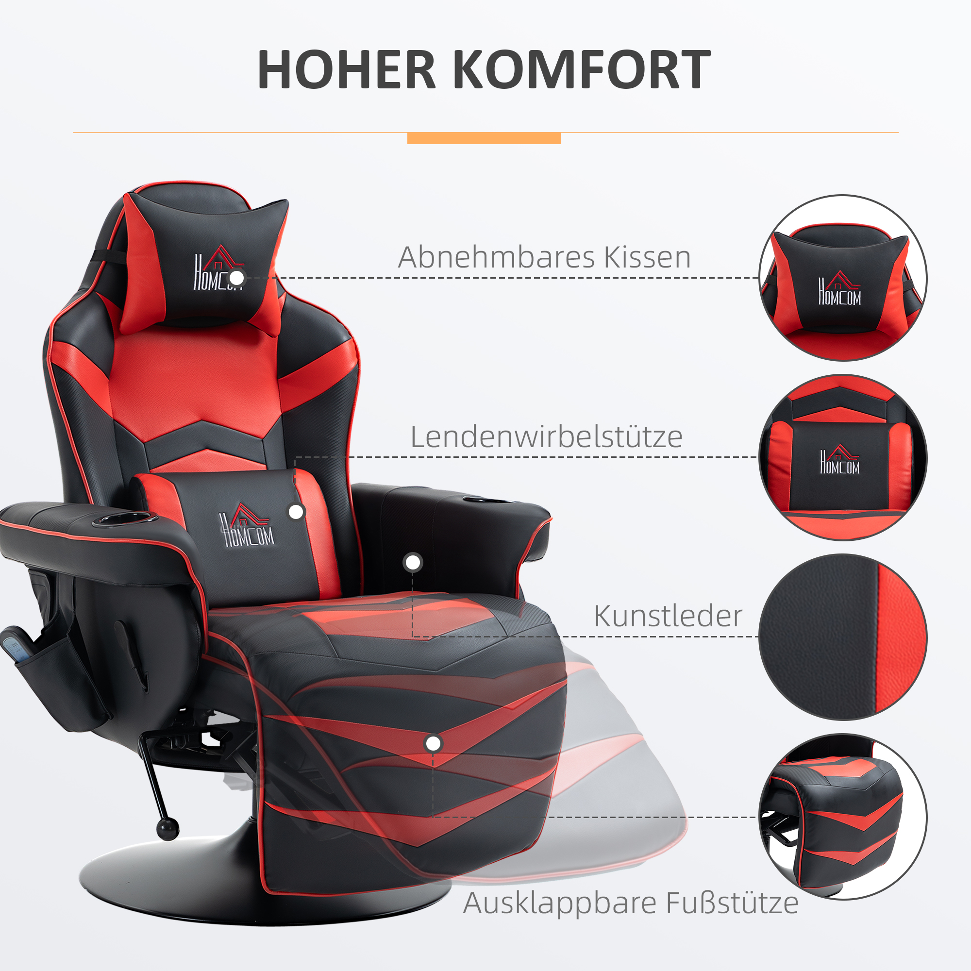 Gamingsessel, Massagefunktion, neigbare Lehne, Fußstütze, bis 120 kg, Stahlrahmen, Kunstleder, Rot