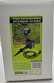 Gartensteckdose mit Erdspieß, 4-fach / IP44, 2m Kabel