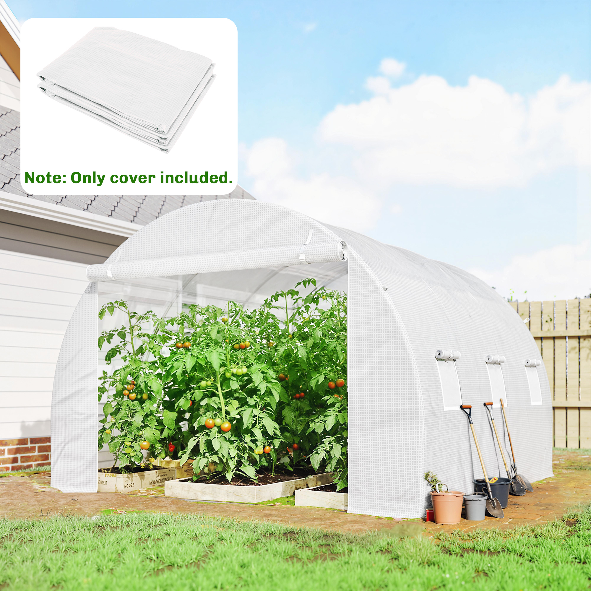 Gewächshausfolie 3 x 3 m, wasserdicht Polyethylenfolie mit Rolltür, 6 Fenster, UV Schutz Weiß