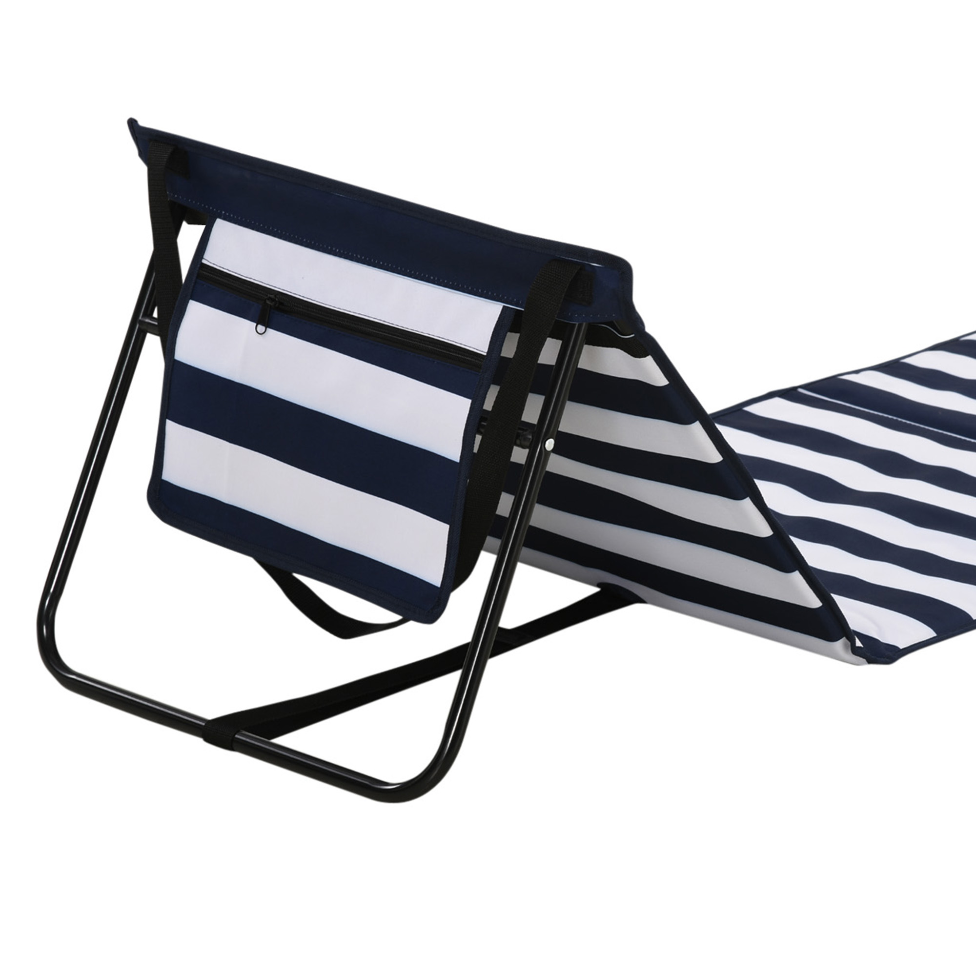 Strandliege, klappbar, verstellbare Rücklehne, Seitentasche, weiche Polsterung, Stahlrahmen, blau+weiß, 142x51x40cm