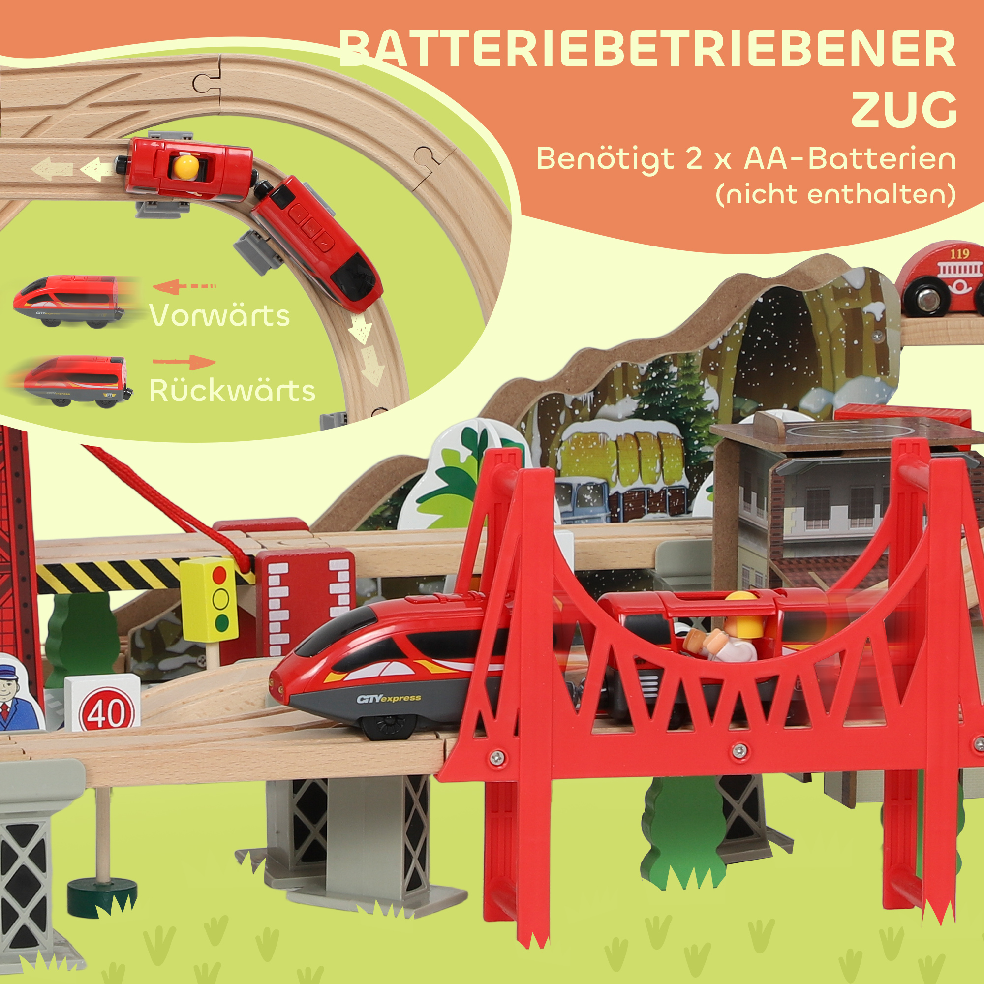 Holzzug-Set, 100 Teile, magnetischer Kran, Buchenholz, Bunt