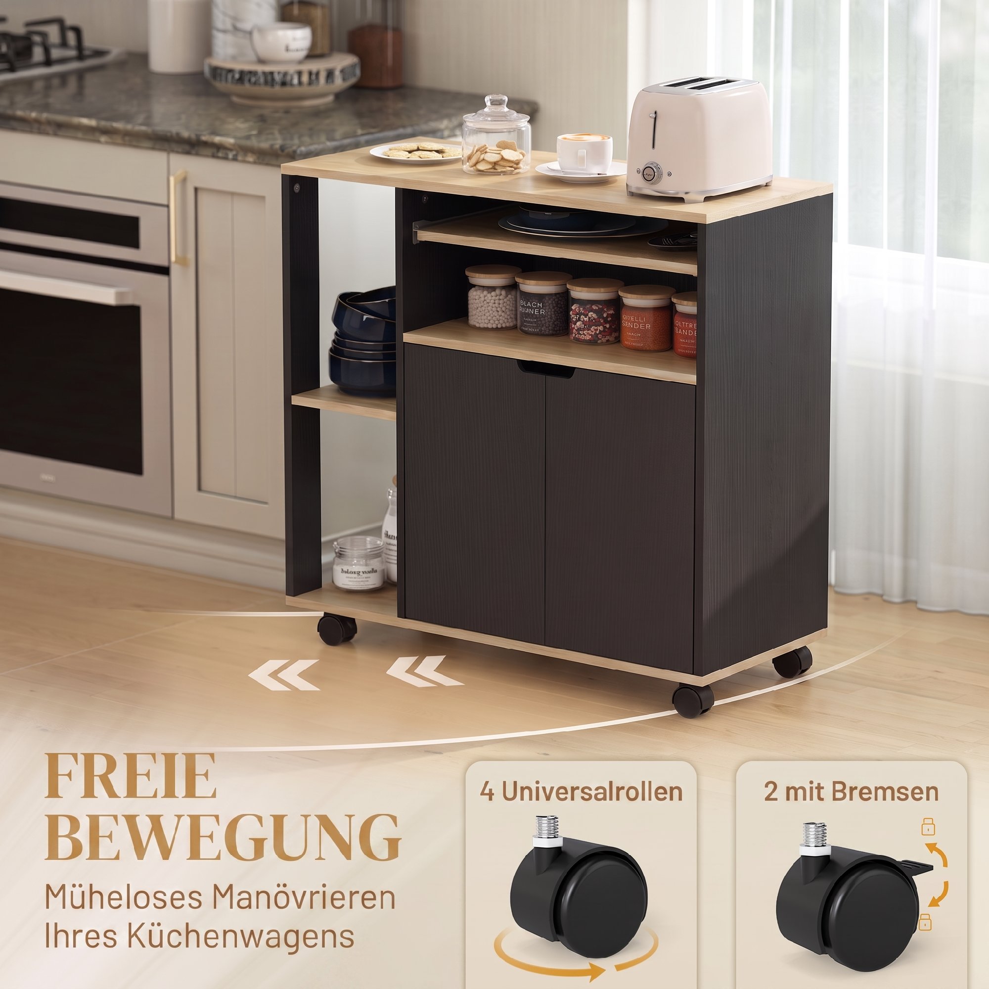 rollender Küchenwagen mit Stauraum, Schrank, verstellbare Regale, für Küche, Wohnzimmer, Esszimmer, Schwarz