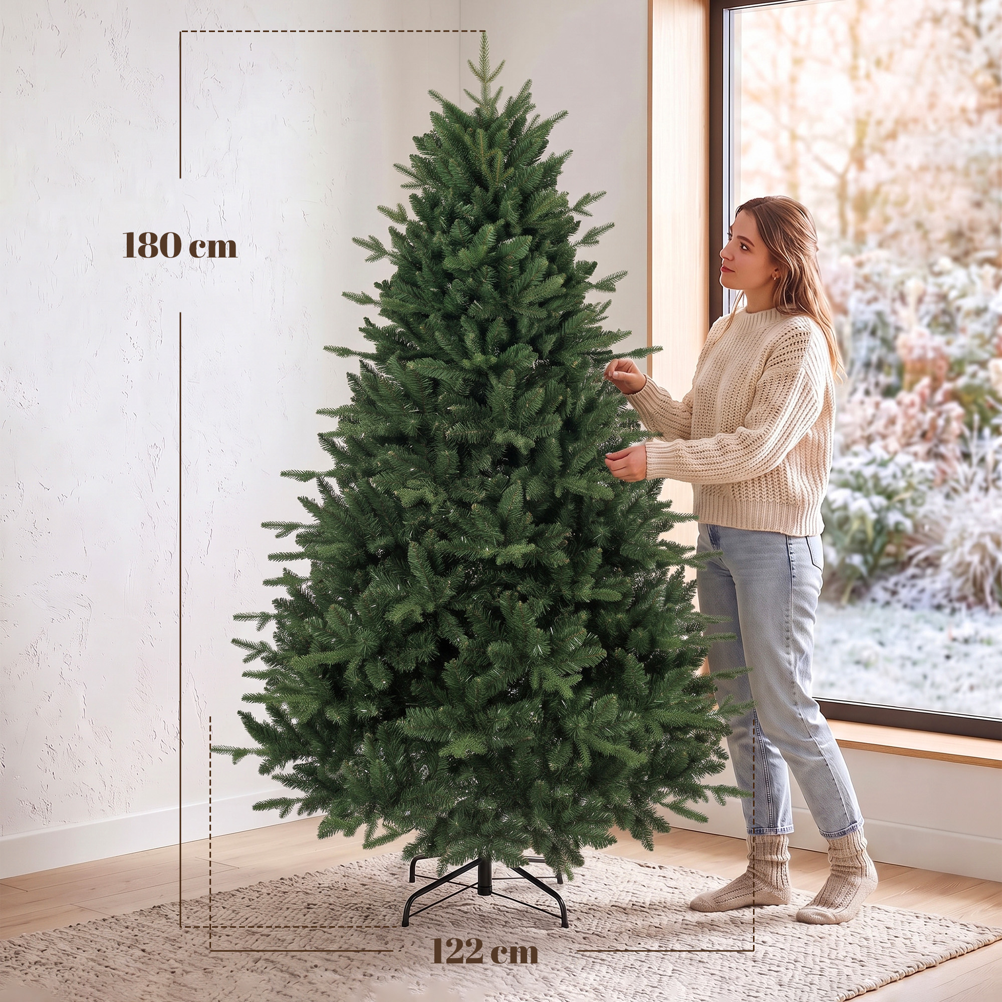 künstlicher Weihnachtsbaum wie echt Spritzguss Tannenbaum mit 1237 Spitzen und Metallständer 180 cm Grün
