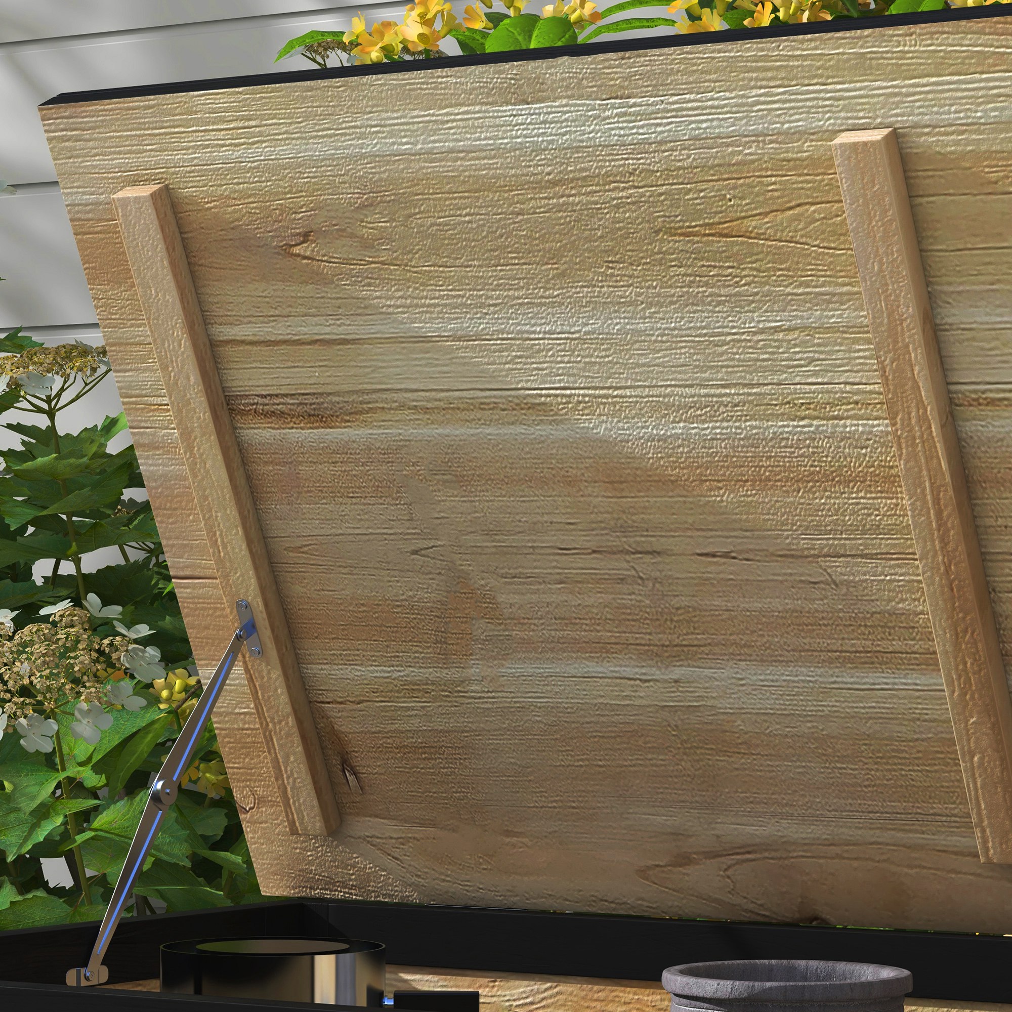 Garten-Aufbewahrungsbox, 121 Liter, 2 Räder, wetterfest, Metallscharniere, Naturholz, 100x50x43 cm