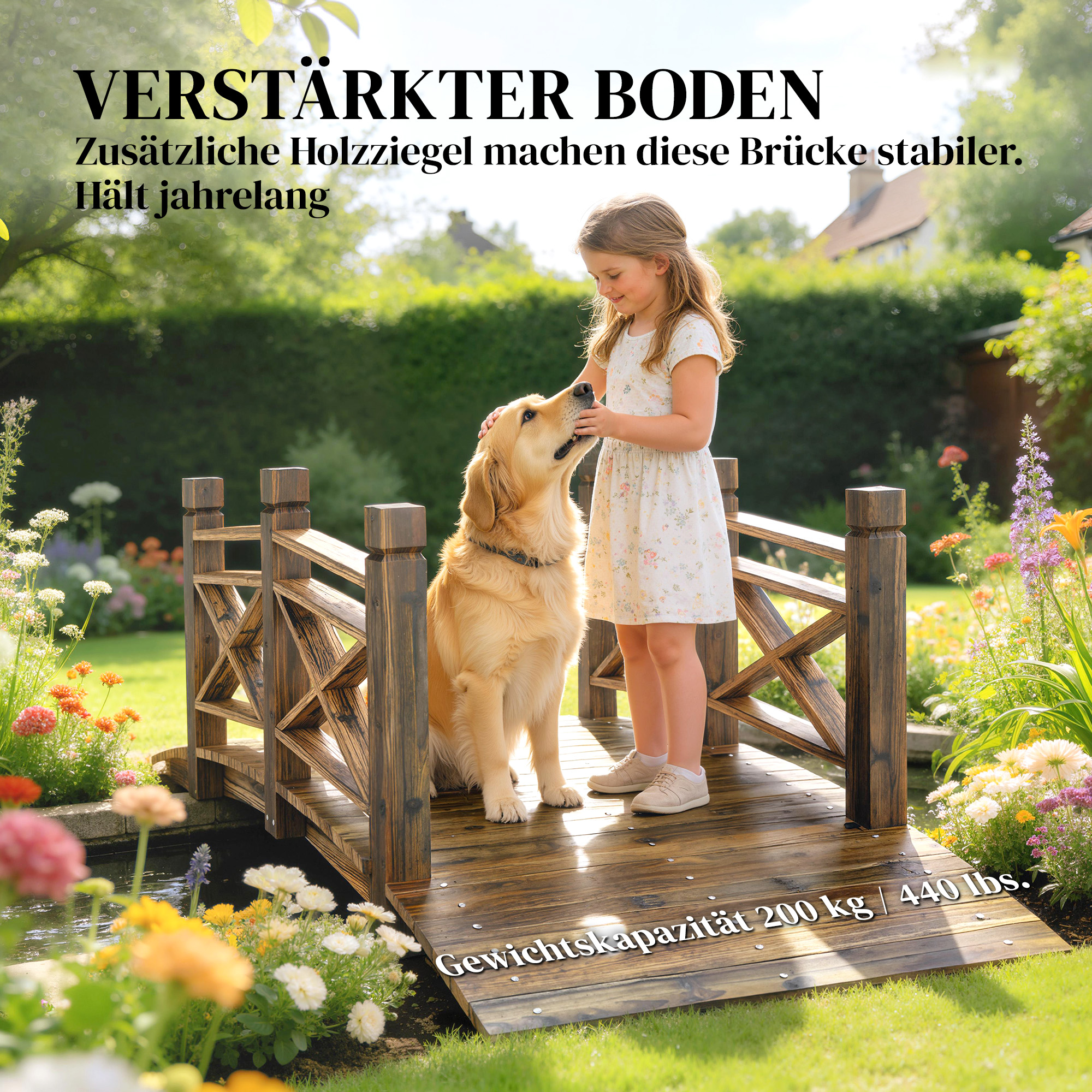 Holzbrücke mit Geländer Gartenbrücke aus Tannenholz Teichbrücke mit Antik-Optik, begehbar 174 x 78 x 57,5 cm Verkohlt
