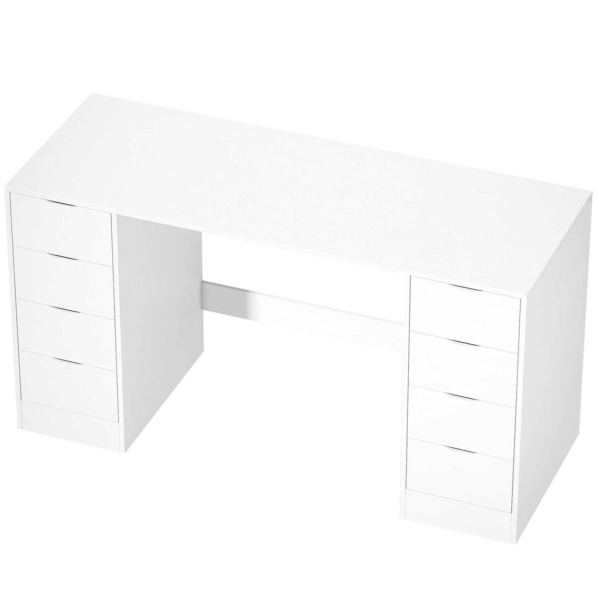 Schreibtisch 140 cm mit 8 Schubladen, moderner Bürotisch mit Stauraum, weiße Holzoptik