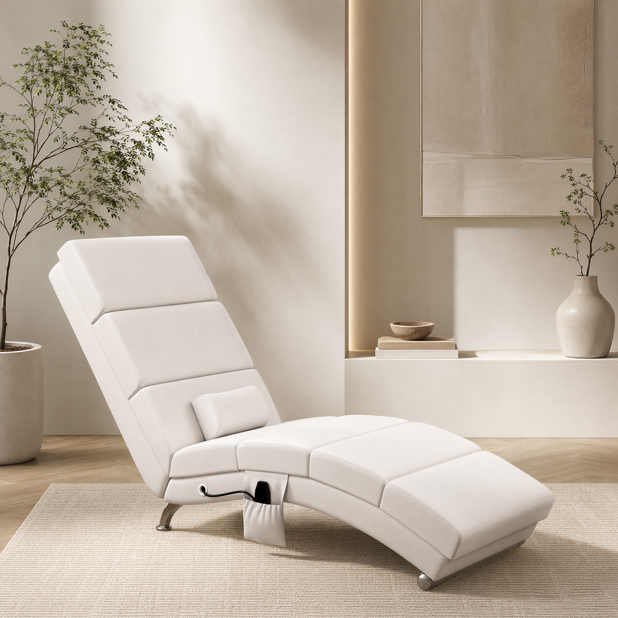 Relaxsessel Elektrisch Massagesessel mit Liegefunktion Wärmefunktion Vibration Lendenkissen 56 x 168 x 84 cm Cremeweiß