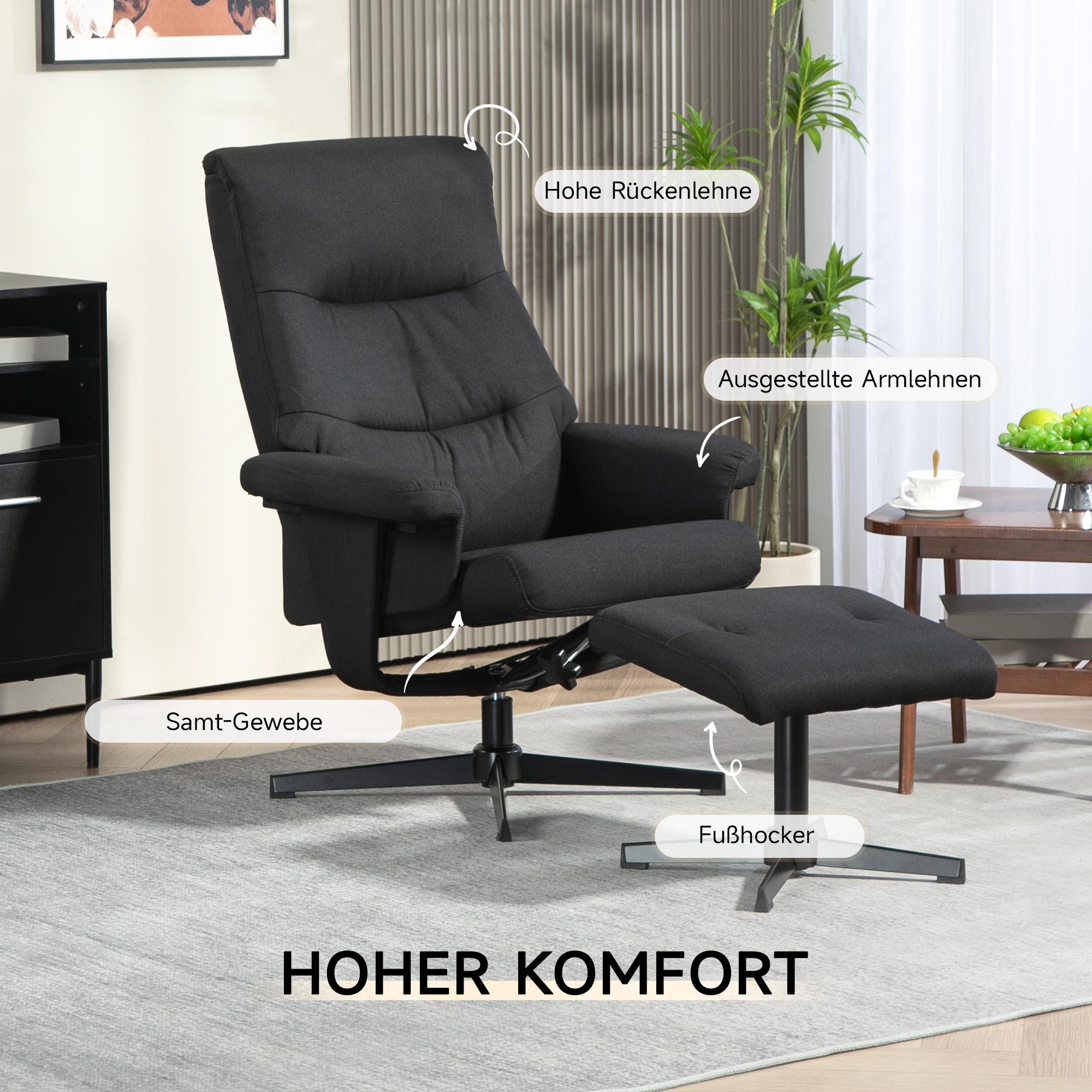 Liegesessel mit Hocker, drehbar, Wippfunktion, Samtoptik, bis 150 kg, Schwarz