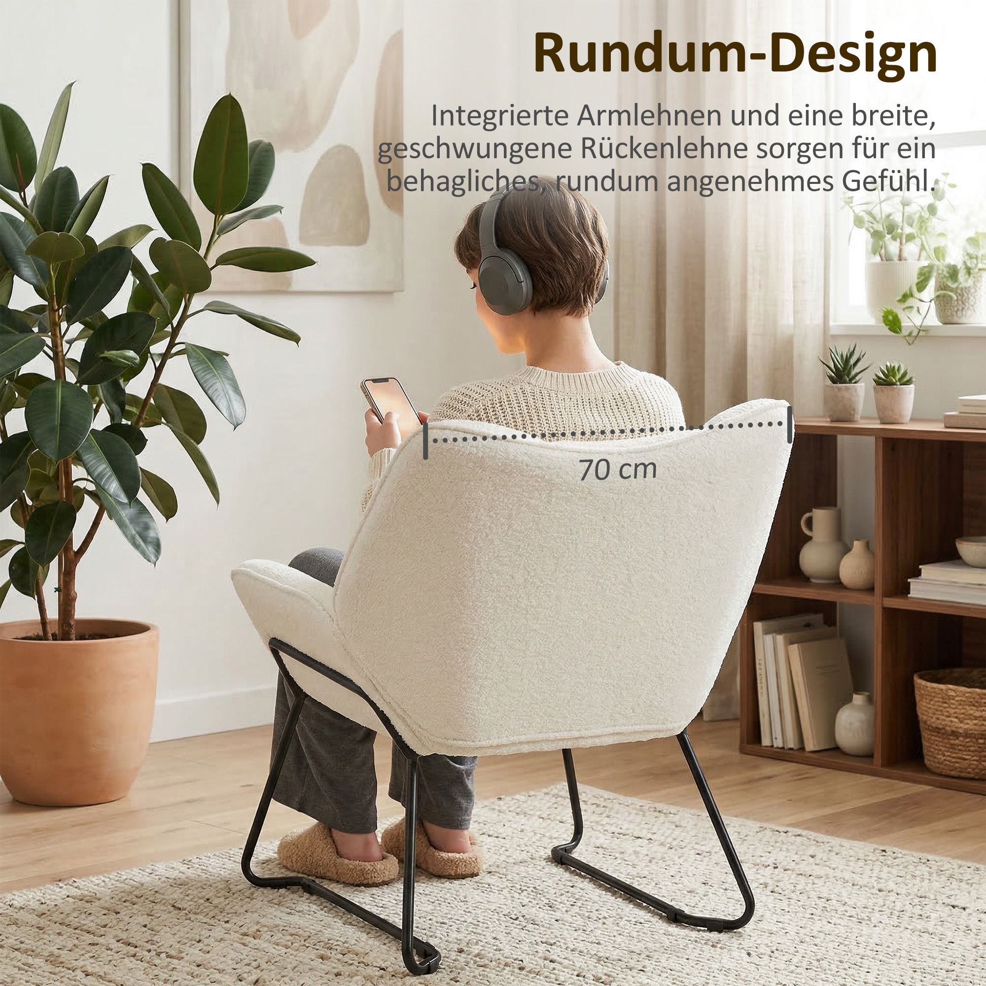 moderner Akzentstuhl, Sherpa-Fleece gepolsterter Sessel mit breiter Rückenlehne und Stahlbeinen, einfache Montage, Weiß