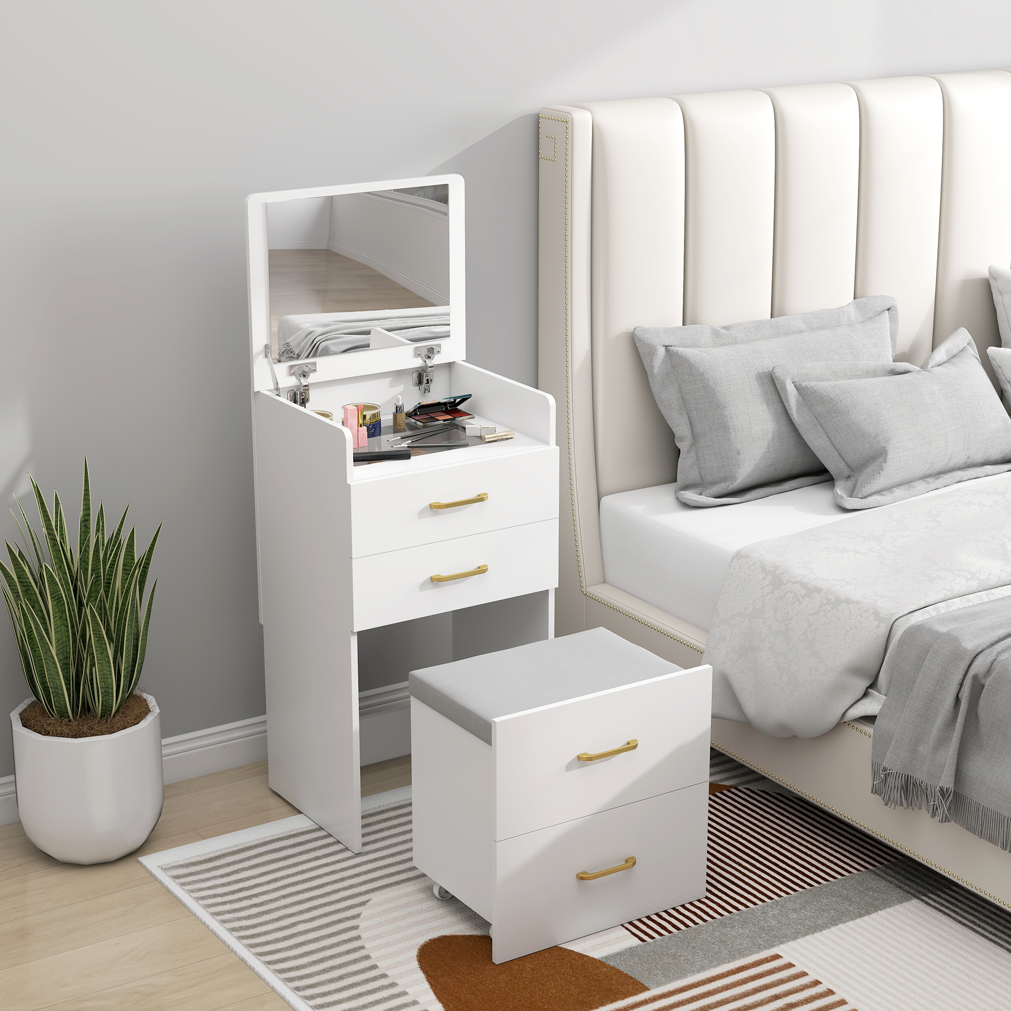 3-in-1-Schminktisch mit Spiegel, Nachttisch, Rollhocker, Schubladen, Weiß