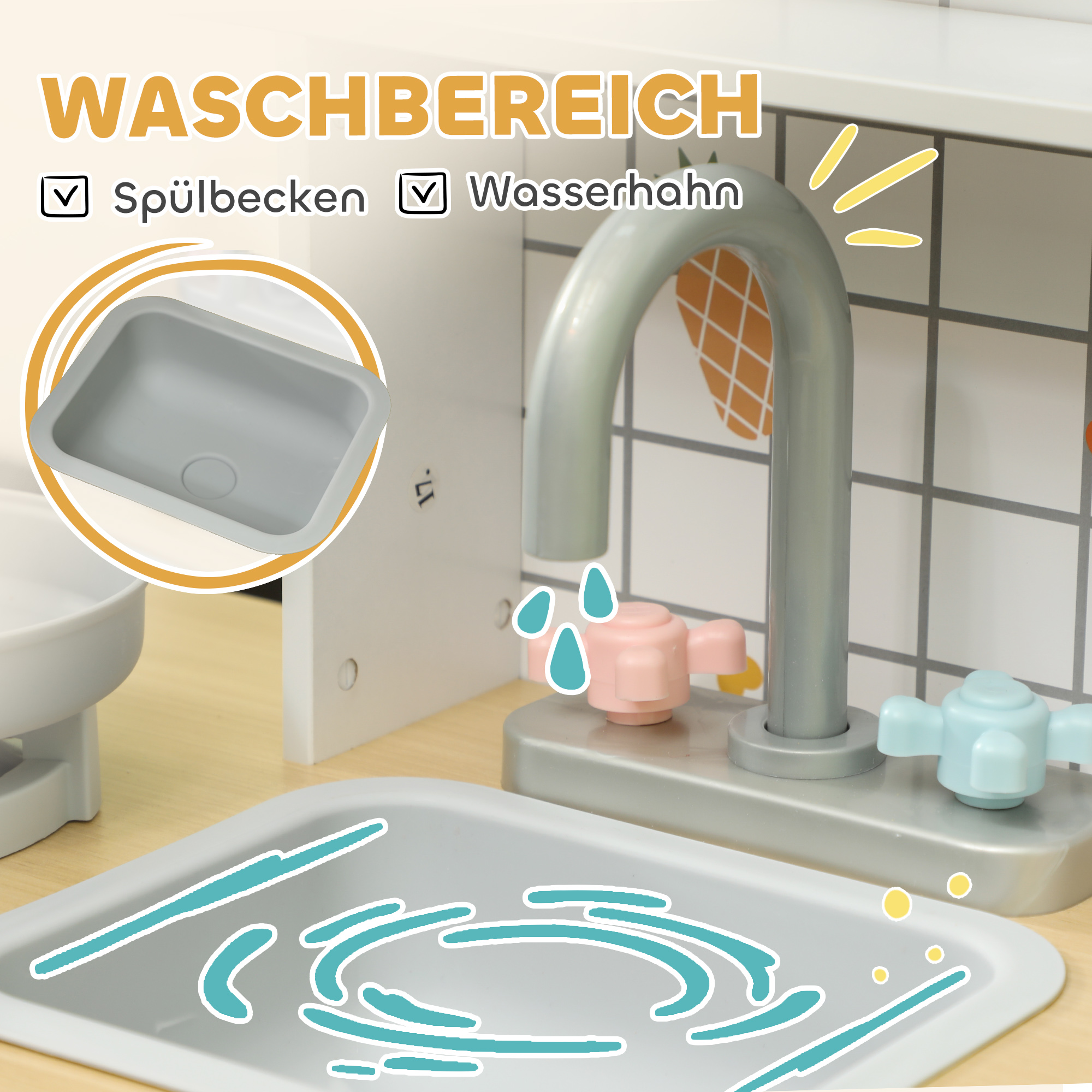 Spielküchen-Set, Kinderküche mit Effekten, Kaffeemaschine, Ofen, viel Stauraum, MDF, Edelstahl, für Kinder ab 3 Jahren